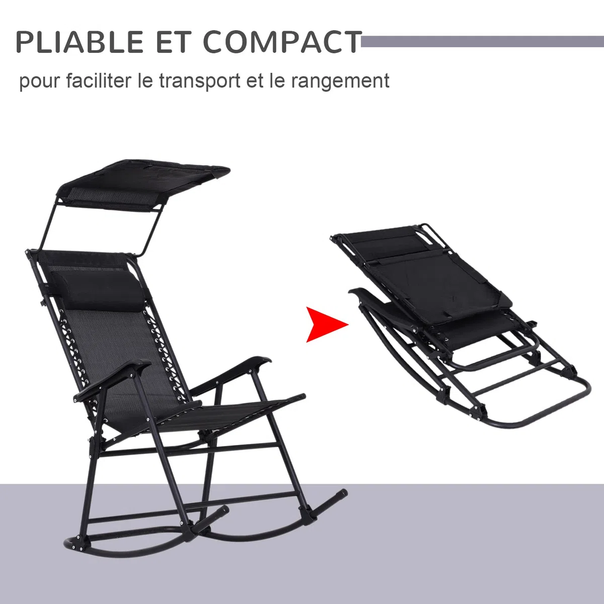 Outsunny Fauteuil à Bascule Rocking Chair Pliable de Jardin dim. 105L x 64l x 125H cm tétière + Pare-Soleil Inclus Acier époxy textilène Noir