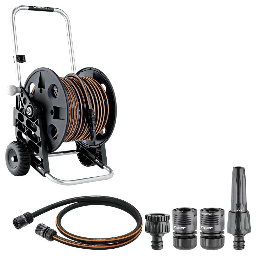 Claber Kit Pronto 30, chariot dévidoir en aluminium et plastique avec tuyau et lance d'arrosage