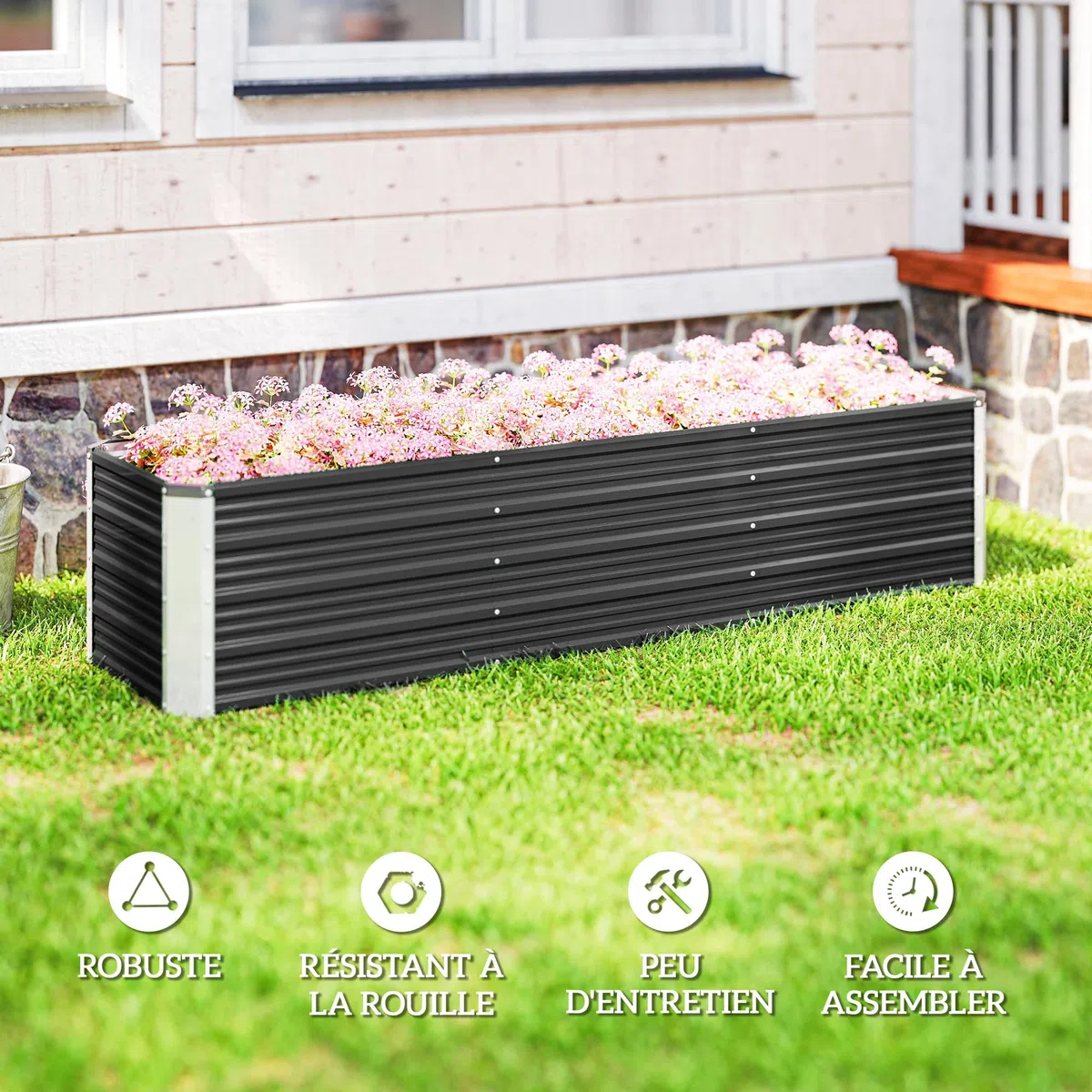Outsunny Jardinière surélevée en Acier avec Gants 183x47x40 cm Gris | Lit de Jardin, Carré Potager de Jardin pour Fleurs, Herbes, Légumes