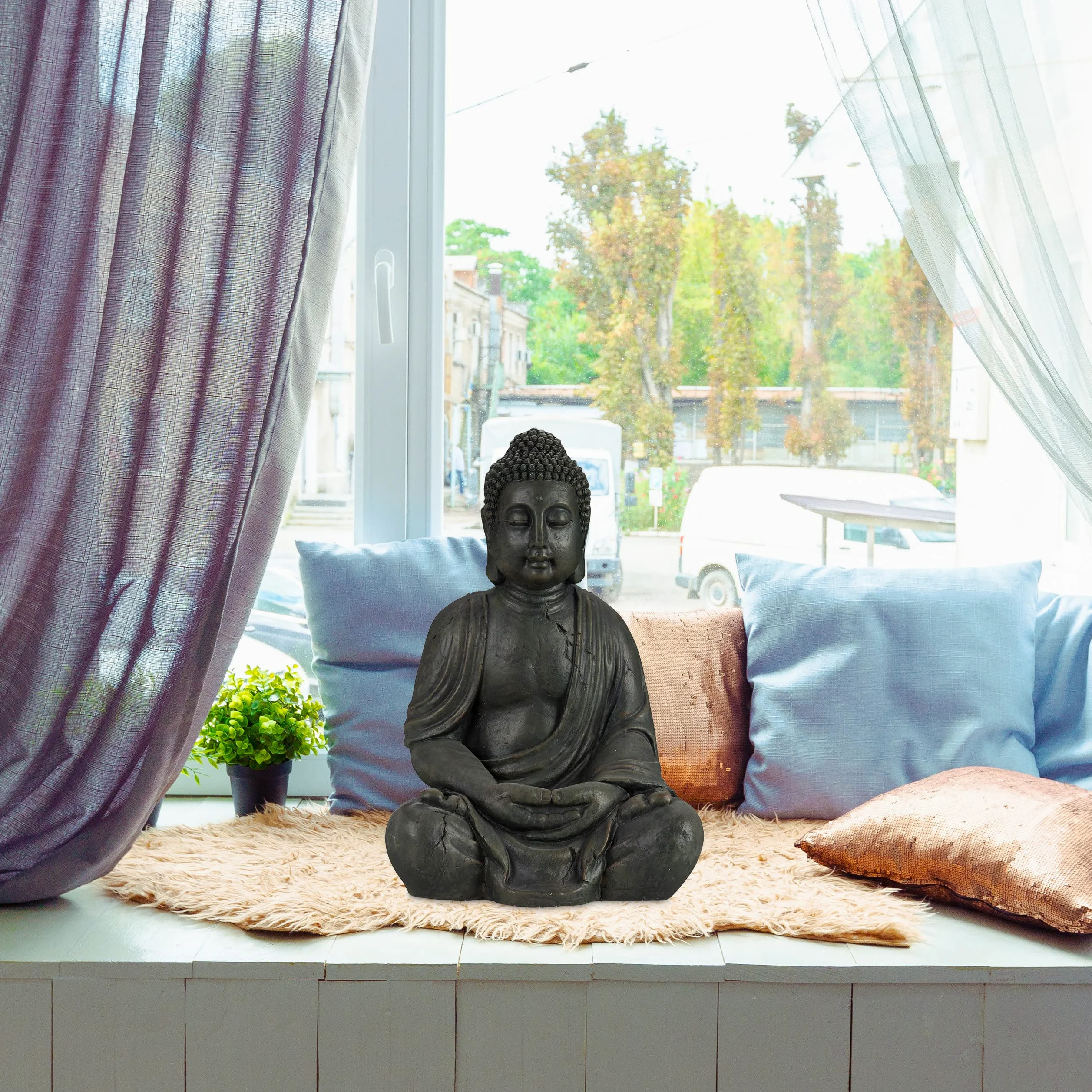 Relaxdays Statue de Buddha Figurine de Bouddha décoration Jardin Sculpture céramique Zen 70 cm, foncé, Gris/argenté/métallique