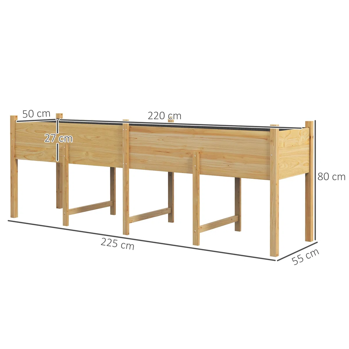 Outsunny Jardinière sur Pieds Inserts d'Irrigation 225x55x80cm Bois Naturel | Carré Potager de Jardin, Feutre de Drainage, Potager Surélevé en Bois, pour Fleurs, Herbes, Légumes