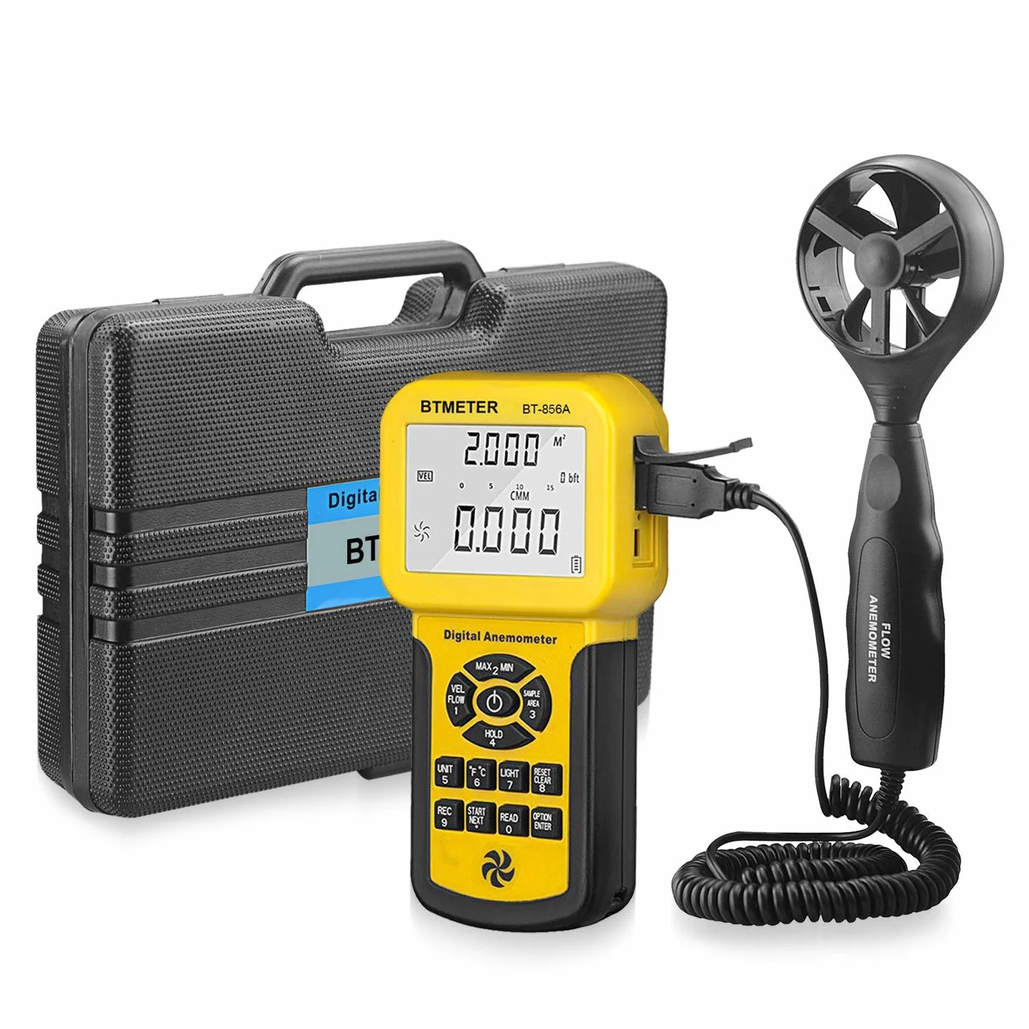 BTMETER Anémomètre BT-856A Pro CFM, mesure la vitesse du vent, le débit du vent, la température du vent pour CVC, compteur de vitesse avec USB