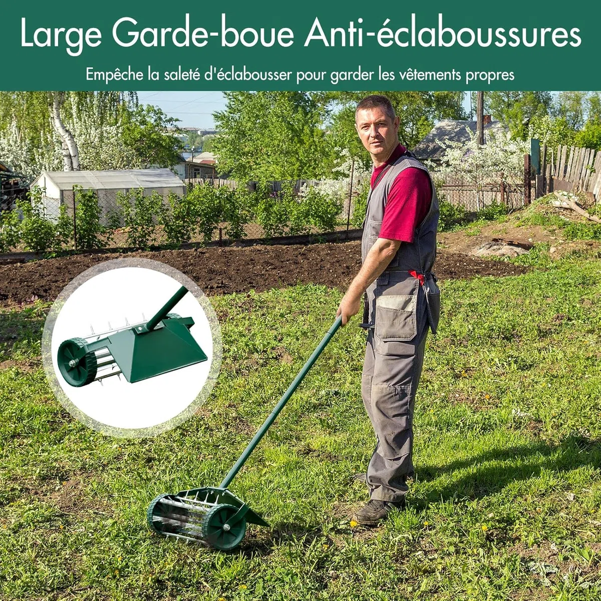 RELAX4LIFE Scarificateur Gazon Manuel avec Garde-Boue&Poignée&Rouleau à Pointes Rotatives, Rouleau Aérateur Gazon de Pelouse en Métal pour Jardin Cour Patio, Vert (avec Garde-Boue)