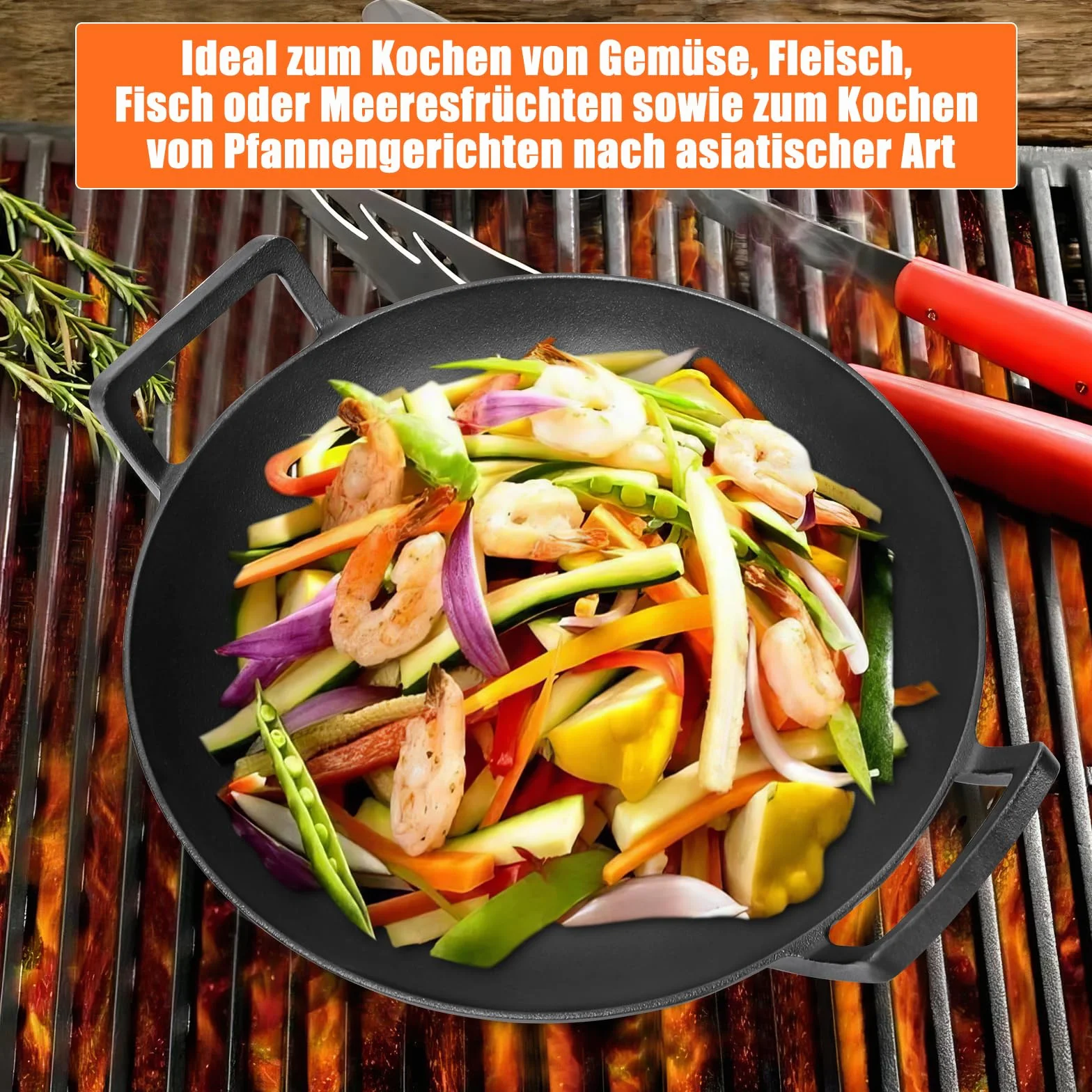 GFTIME Wok en fonte Ø 36 cm pour barbecue à gaz, induction, feu, poêle wok en fonte pour Weber Spirit, Genesis Gourment, Enders, charbon de bois