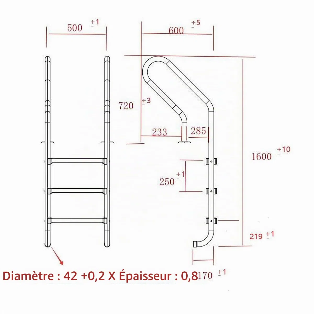 Échelle De Piscine pour Piscine Creusée Enterrée UNI_Pool_Ladder_1600 (Profil Normal, 3 marches, INOX, 180 kg Max)