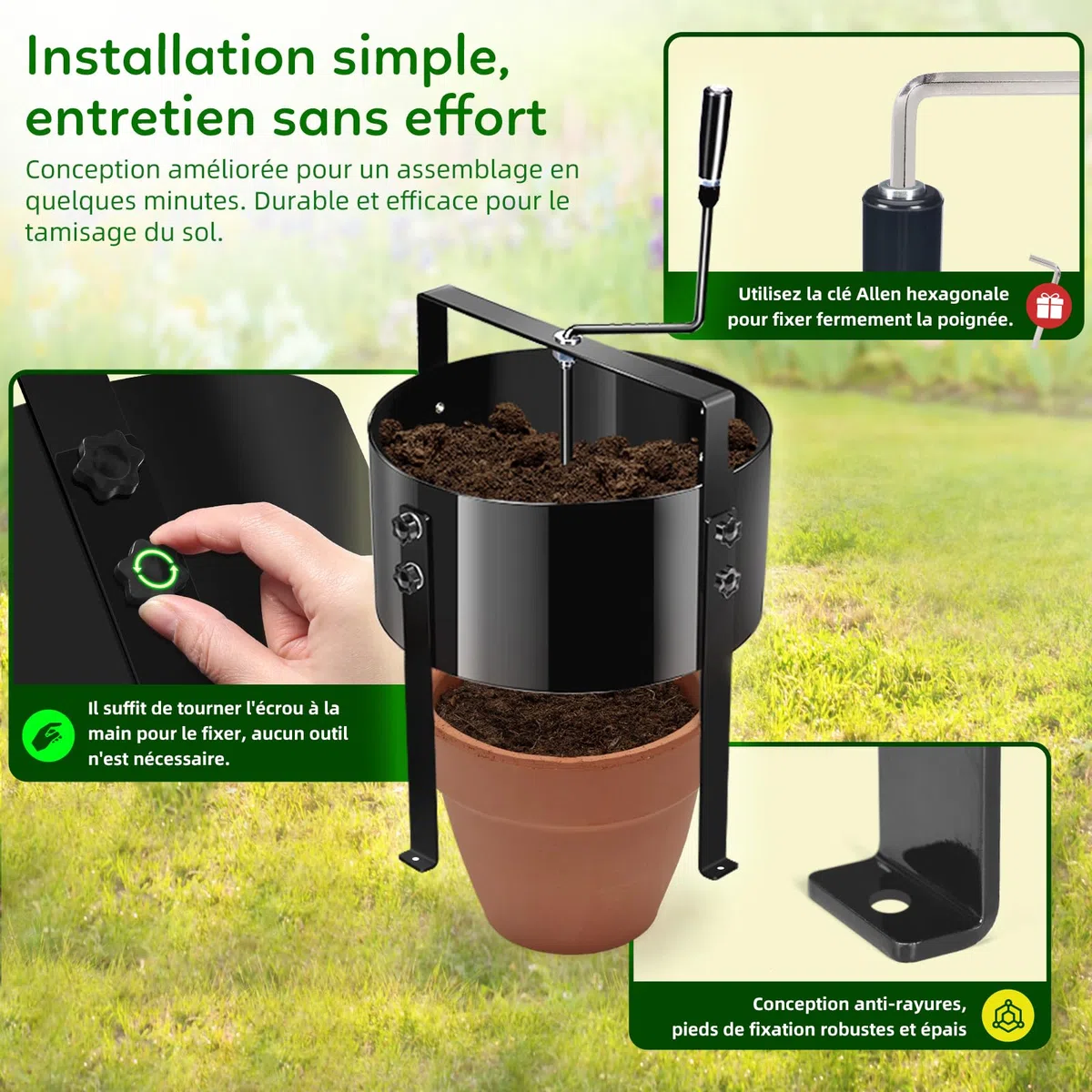 Tamis Rotatif Manuel amélioré pour Jardin, Tamis à Compost, Filtre à Mailles de 13 Pouces avec 4 Tamis interchangeables (3/6/9/12 mm), Tamis horticole, Tamis horticole Rotatif Moderne