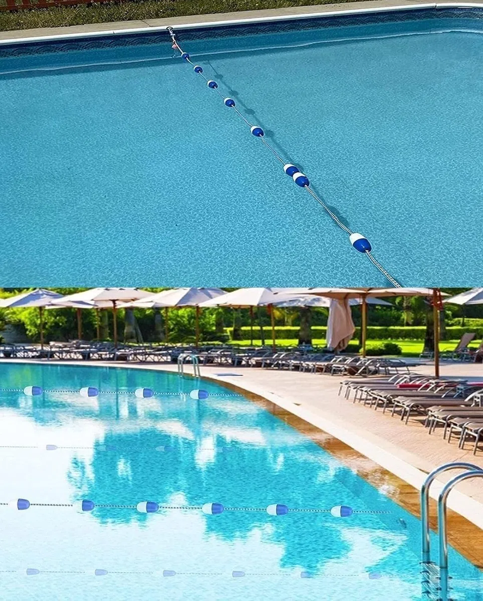 Ce kit de sécurité pour Piscine Comprend Une Corde et Un Flotteur, Une barrière Flottante de 27,4 m avec Crochets, Une Ligne de séparation Portable pour la Partie Profonde et Une bouée de dé