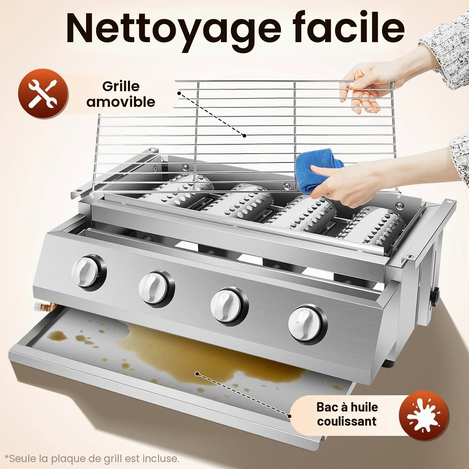 Barbecue à Gaz de Jardin en Acier Inoxydable, Grille de Cuisson Adjustable avec 4 Brûleurs, Surface de Cuisson 55x23 cm, Idéal pour Terrasse, Jardin et Extérieur (Argent)