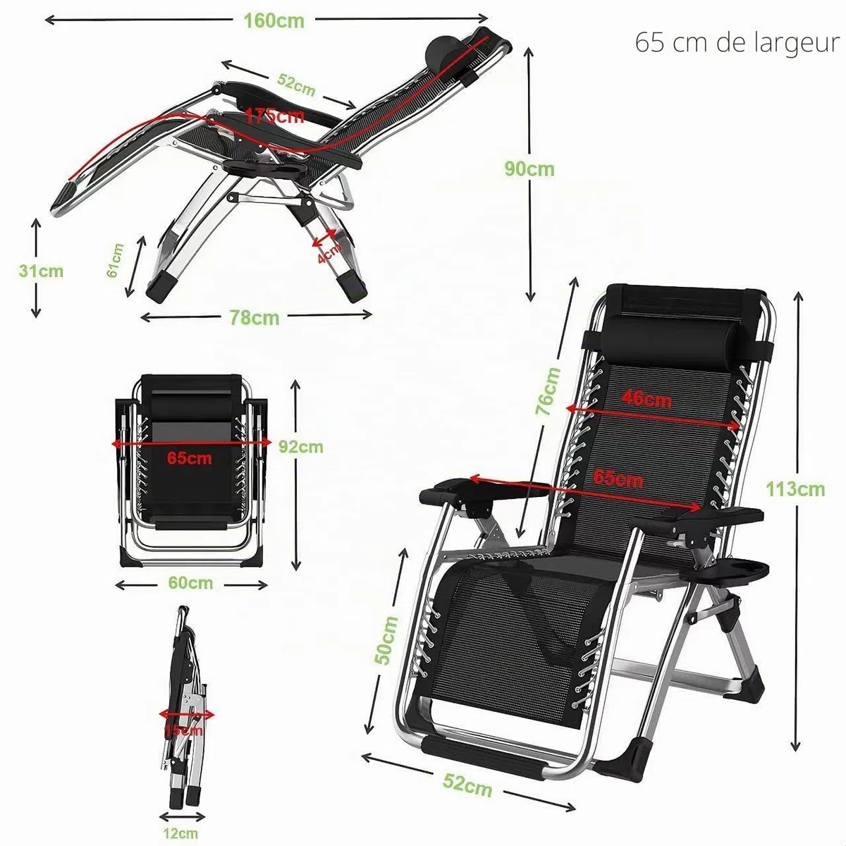 Chaise Longue Pliante Gravité Zéro avec Coussin Amovible & Appui-Tête Réglable, Cadre Acier Anti-Humidité, 65cm, Charge 200kg, Sac & Plateau Latéral Inclus, pour Jardin et Balcon, Noir*2