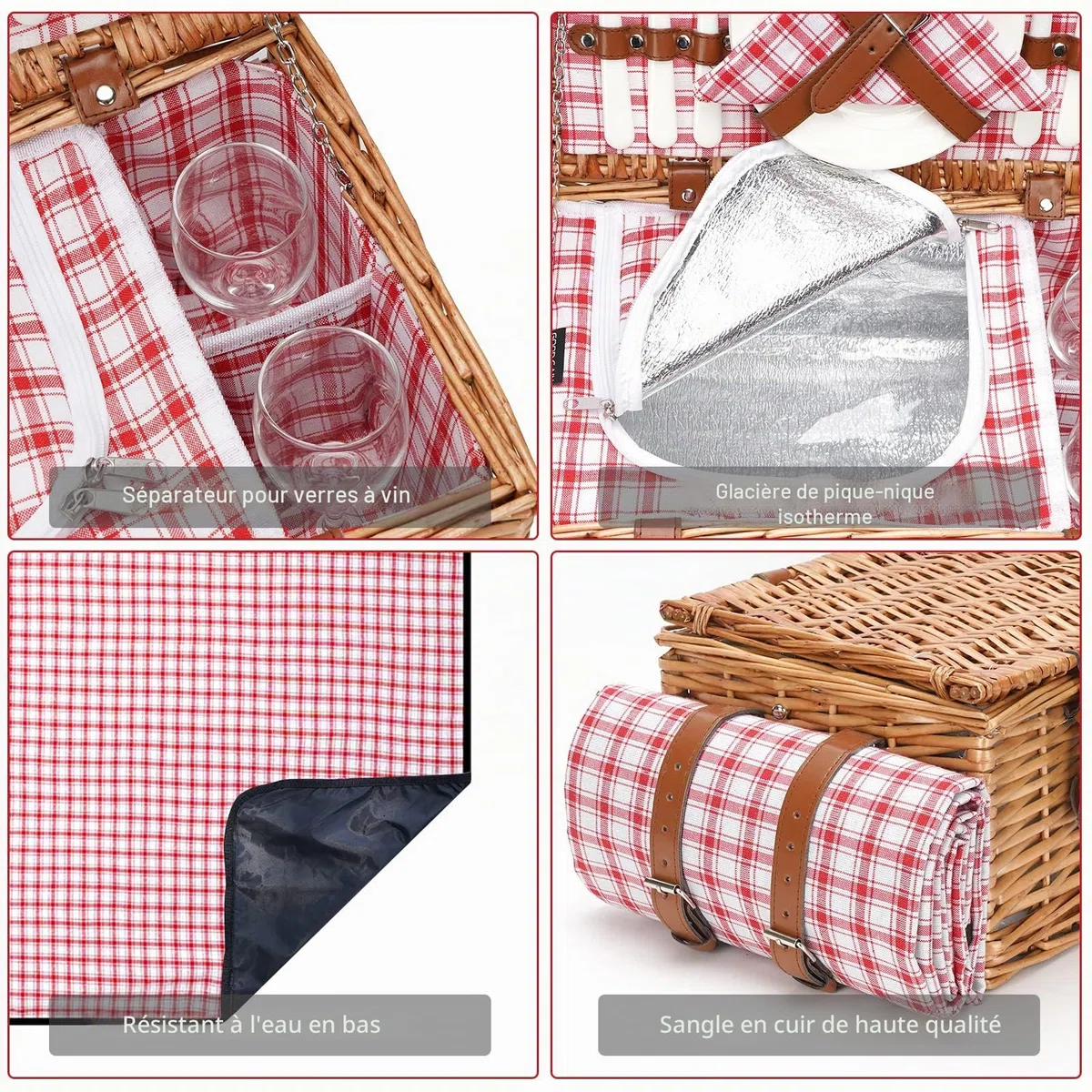 Panier de pique-nique en osier pour 2 personnes avec couverture de pique-nique imperméable et grand compartiment isotherme - Panier de pique-nique en saule avec kit de couverts pour camping, mariage