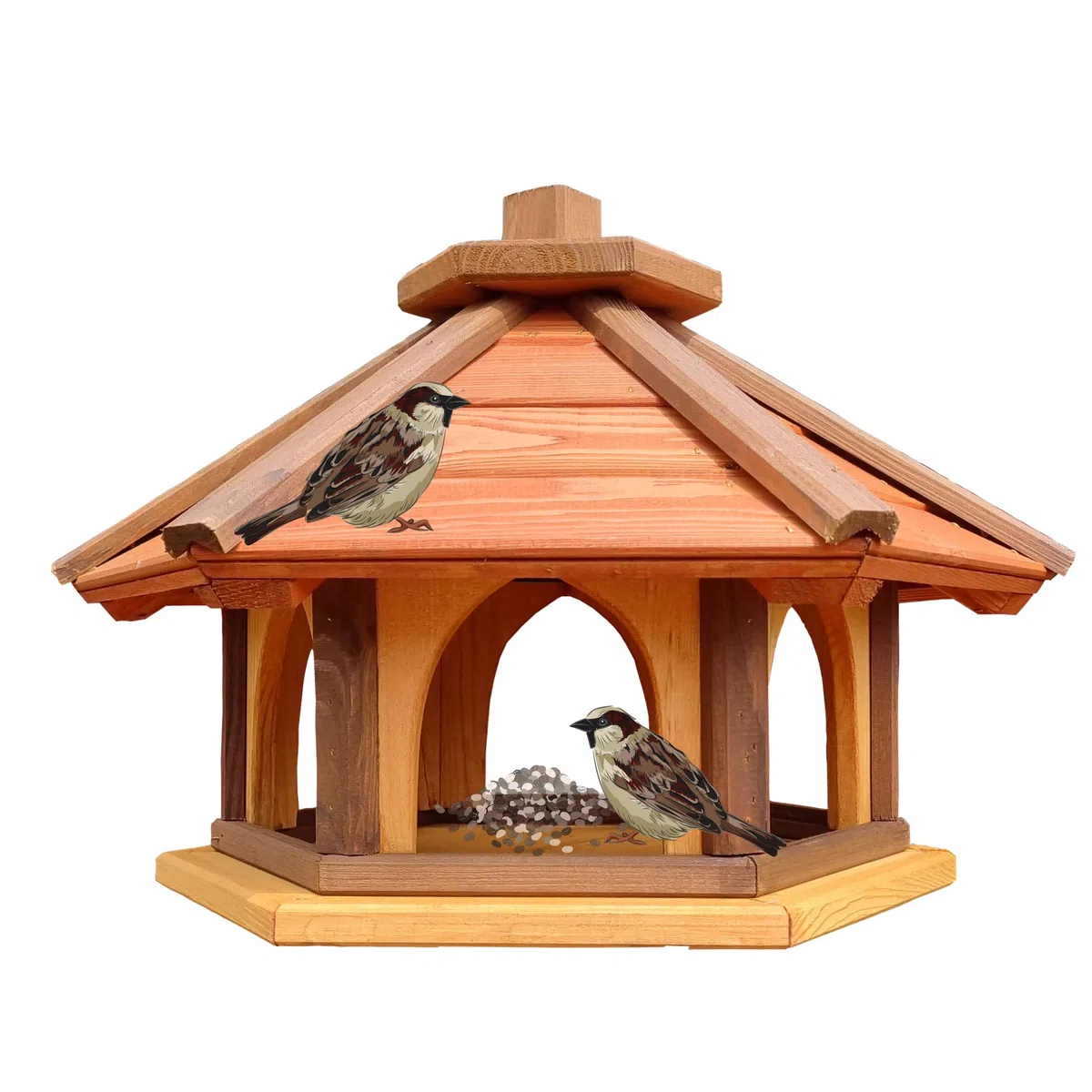 Mangeoire pour oiseaux en bois hexagonale, station d'alimentation pour oiseaux sauvages à poser dans le jardin. Mangeoire pour oiseaux (brun+rouge+jaune)