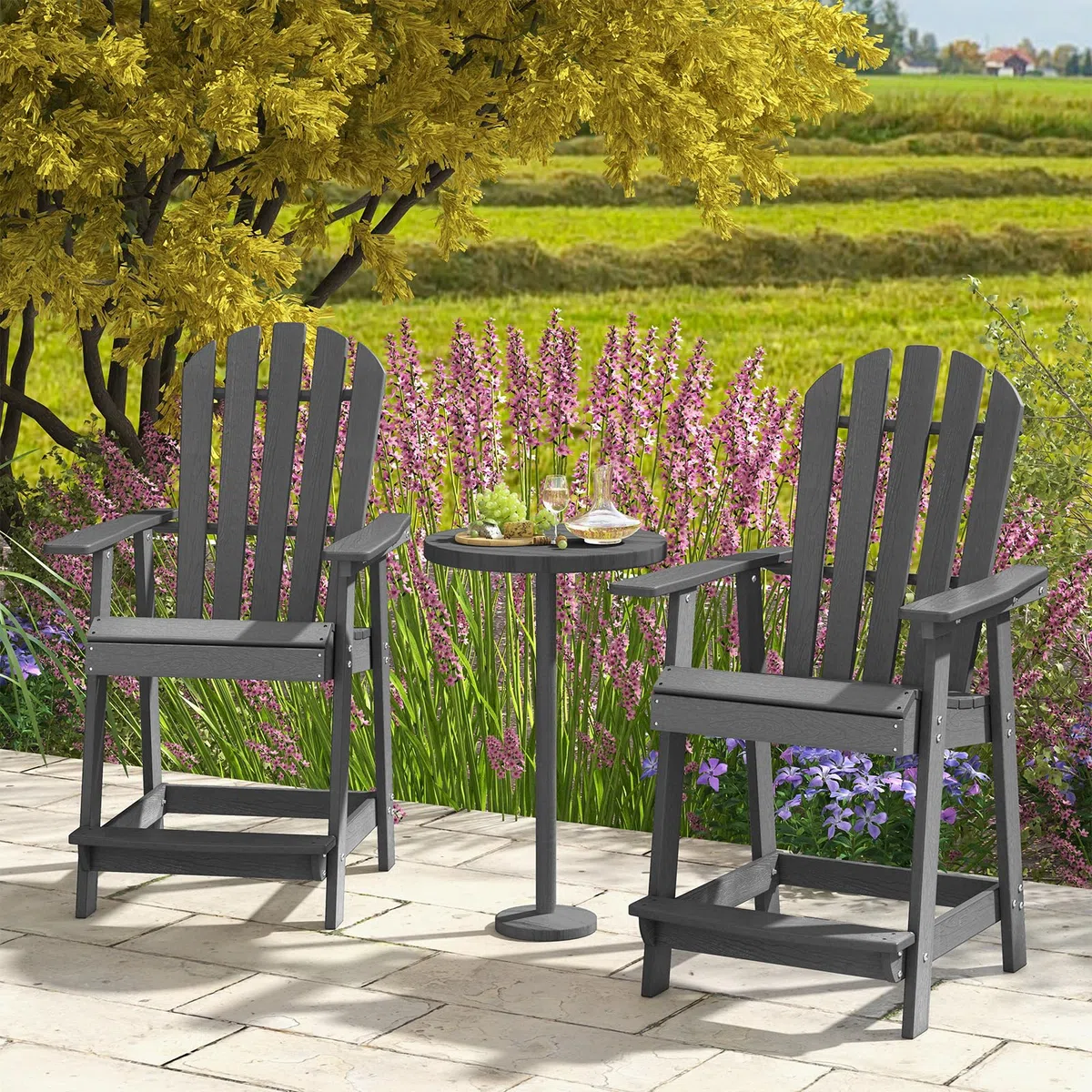 COSTWAY Chaise de Jardin Adirondack en HDPE, Chaise d'Extérieur avec Accoudoirs et Repose-Pieds, Fuateuil de Jardin à Dossier Haut, Chaise de Bar à Lattes, pour Pisine, Patio, Charge 160 KG (Gris)