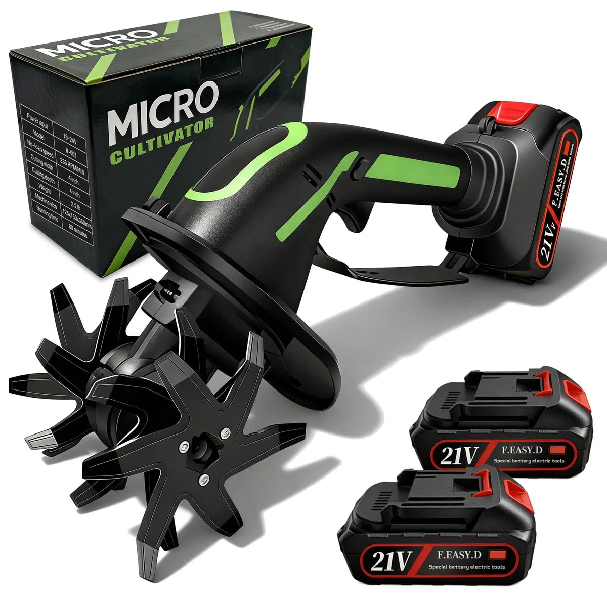 Motobineuse Electrique, 21V Motoculteur Électrique avec 2 Batteries 3000mAh Bineuse Électrique avec 4 Lames Métalliques Largeur de Travail de 10cm Profondeur de Travail de 10cm 235 TR/Min