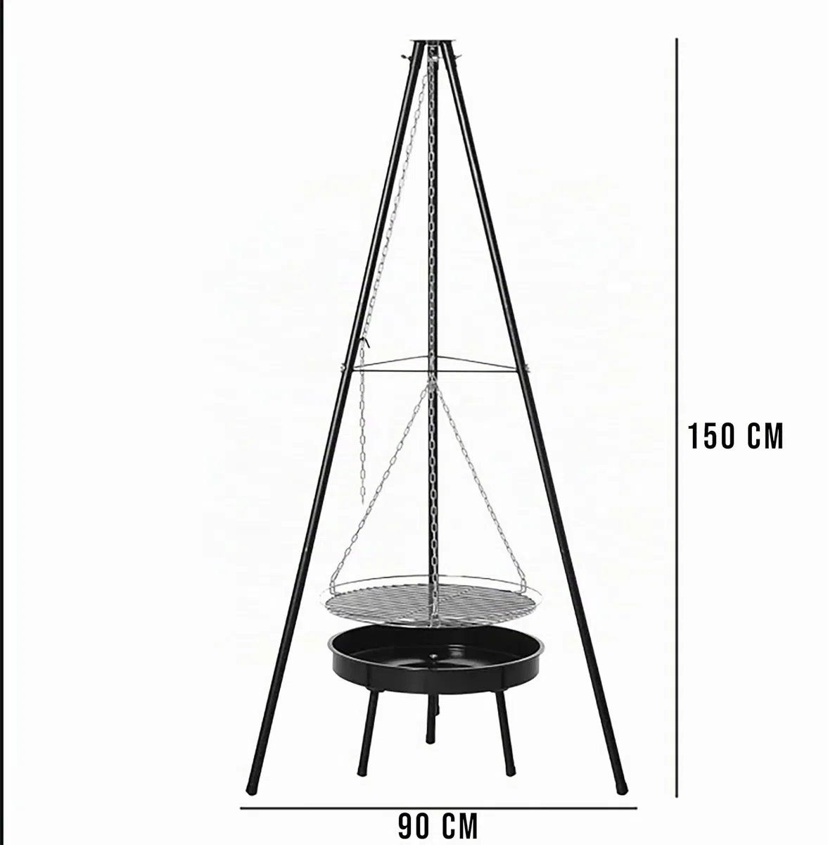Barbecue Suspendu sur Trépied avec Marmite en Fonte et Grille de Cuisson 46 cm, Brasero 50 cm, Chaîne 150 cm, Charbon de Bois