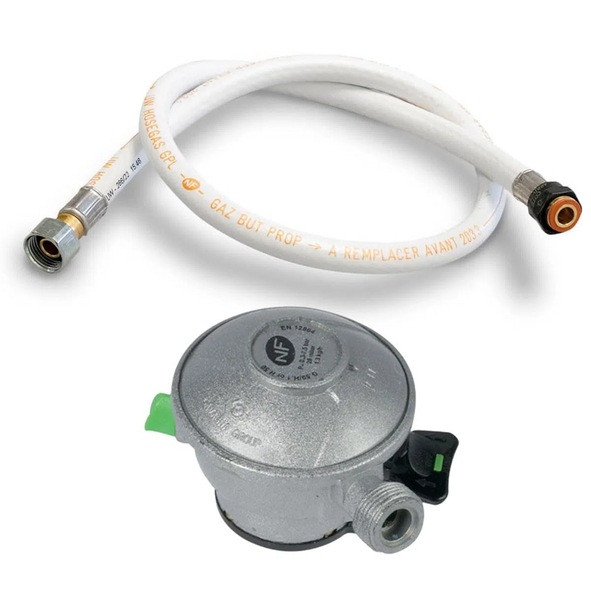 KEMPER - Pack tuyau gaz flexible 1.50 m + Détendeur Butane à clipser Quick-On Valve Diam 27mm BUTAGAZ Avec Sécurité stop gaz