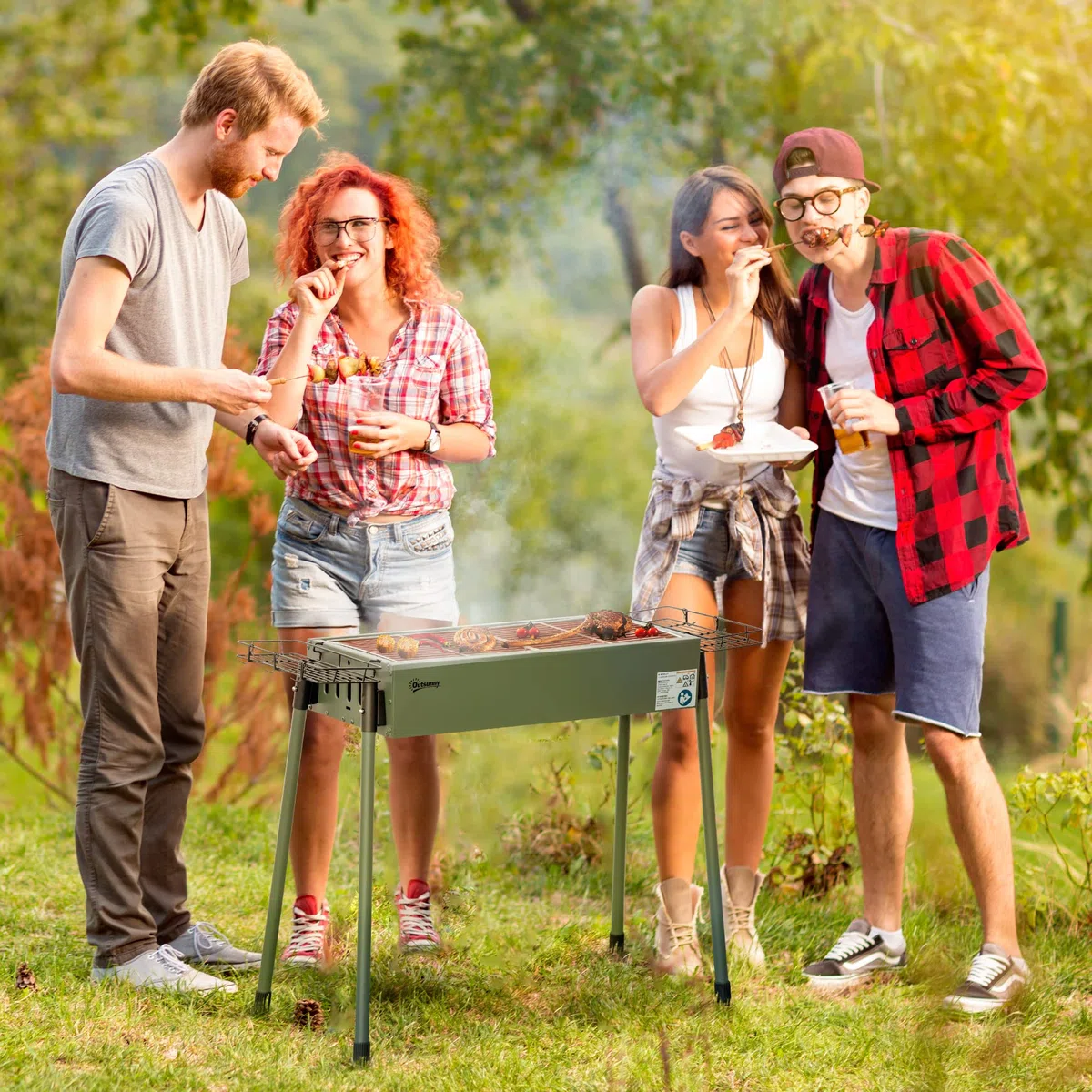 Outsunny Barbecue au charbon de bois avec 2 grilles, Portable BBQ Grill sur Pieds amovibles et 2 paniers latéraux, 94L x 39l x 70H cm, vert foncé