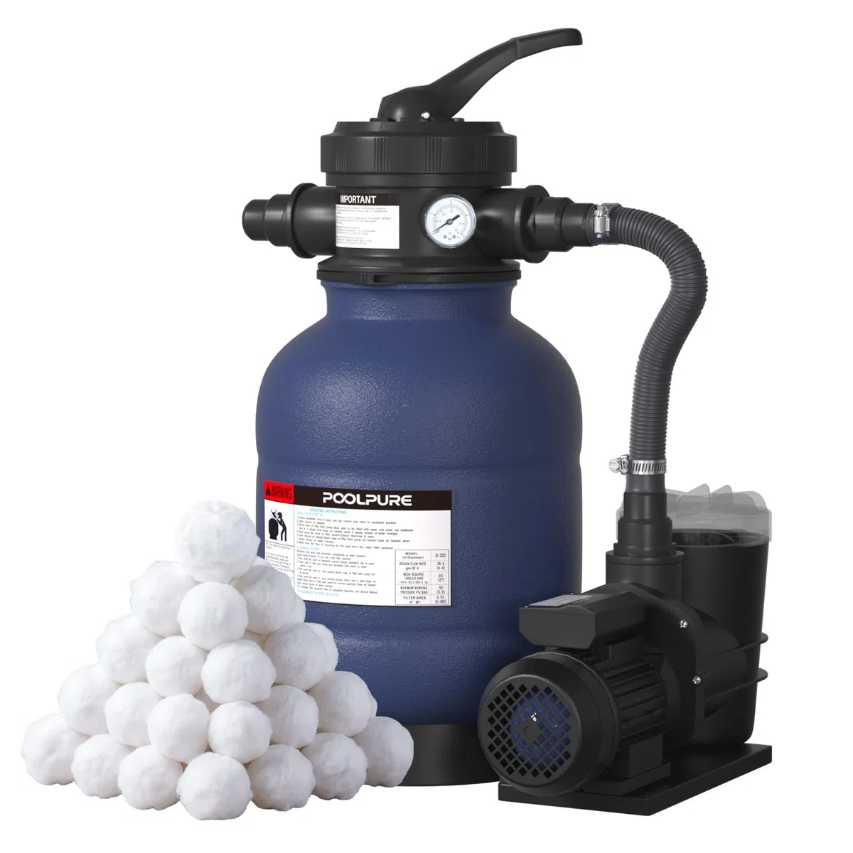POOLPURE Système de Filtre à Sable 6,4 m³/h | Filtre à Sable et Particules 400W pour Piscine Hors Sol | Pompe Piscine avec Vanne 7 Voies, Manomètre et 700g Balles | Ø 32/38mm