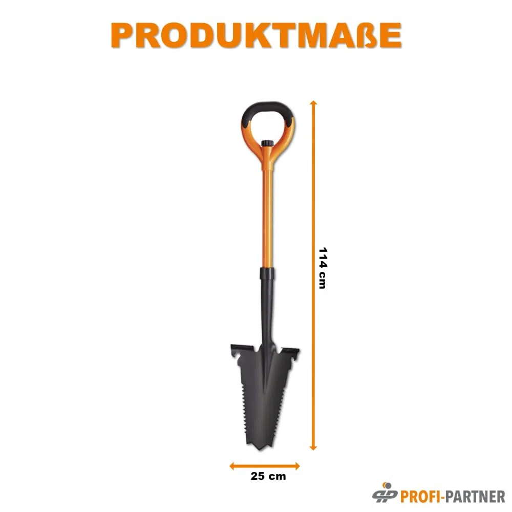 Bêche à scie à racines - Pointe acier carbone tranchante - Manche fibre de verre - Clé plate et décapsuleur intégrés - 114 cm - Démontable - Orange et noir