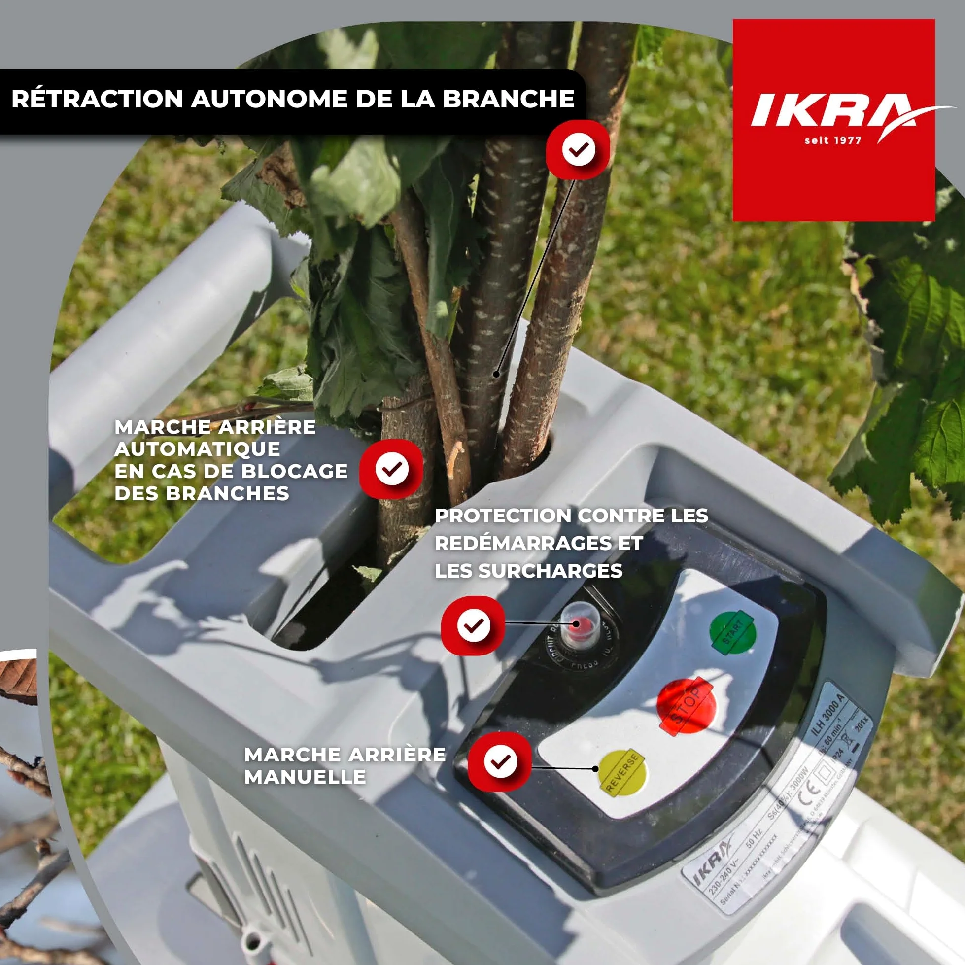 Ikra Broyeur silencieux électrique ILH 3000A, diamètre de la branche 44mm, moteur puissant de 3000W Automatique | Silencieux & robuste, puissance de 3000 watts, alimentation automatique des branches, marche arrière automatique