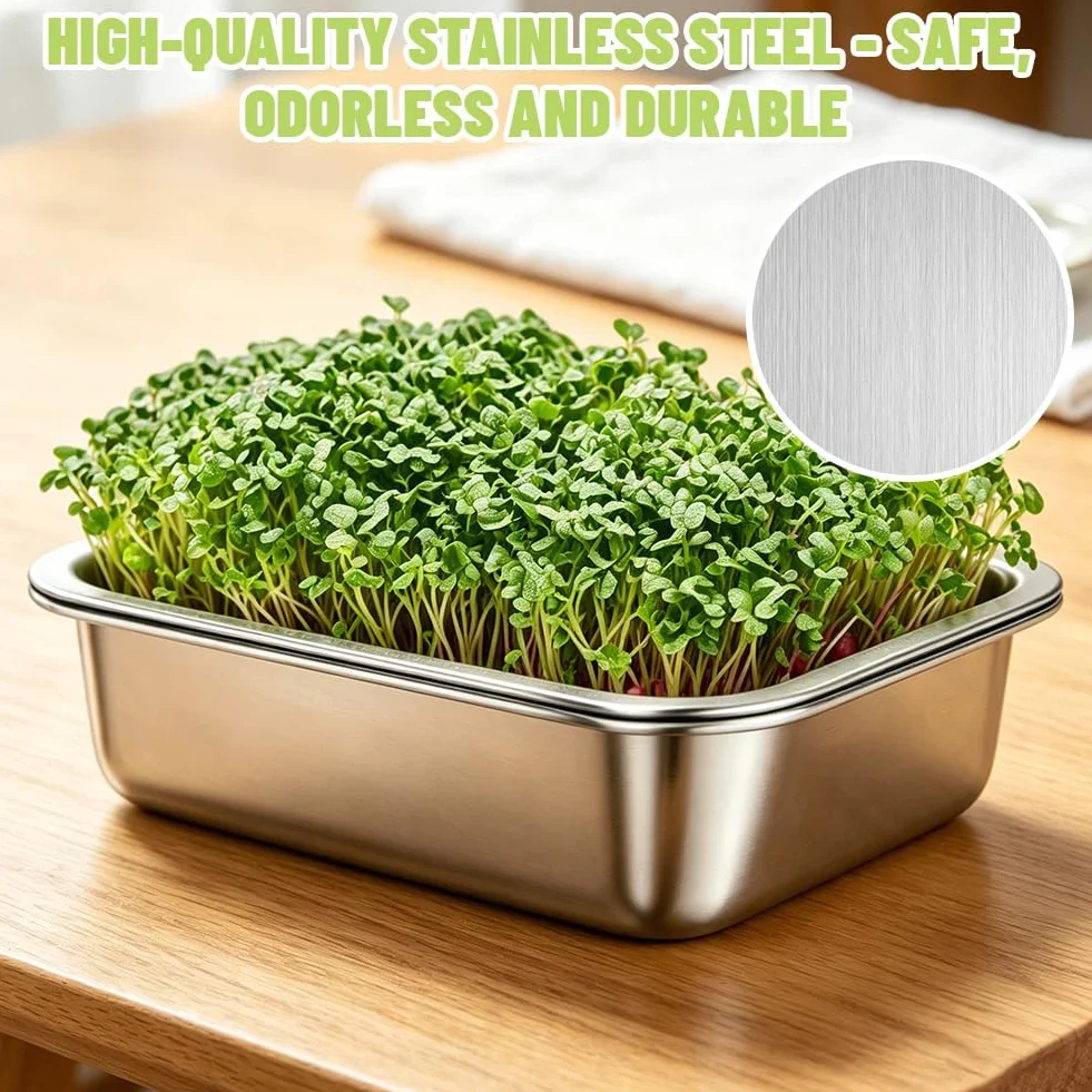 Lot de 2 Germoirs en Acier Inoxydable 26 x 19 cm, Plateau de Germination 2 en 1 pour Graines et Microgreens, Bac à Germes Réutilisable Passe au Lave-Vaisselle, Culture Facile à Domicile