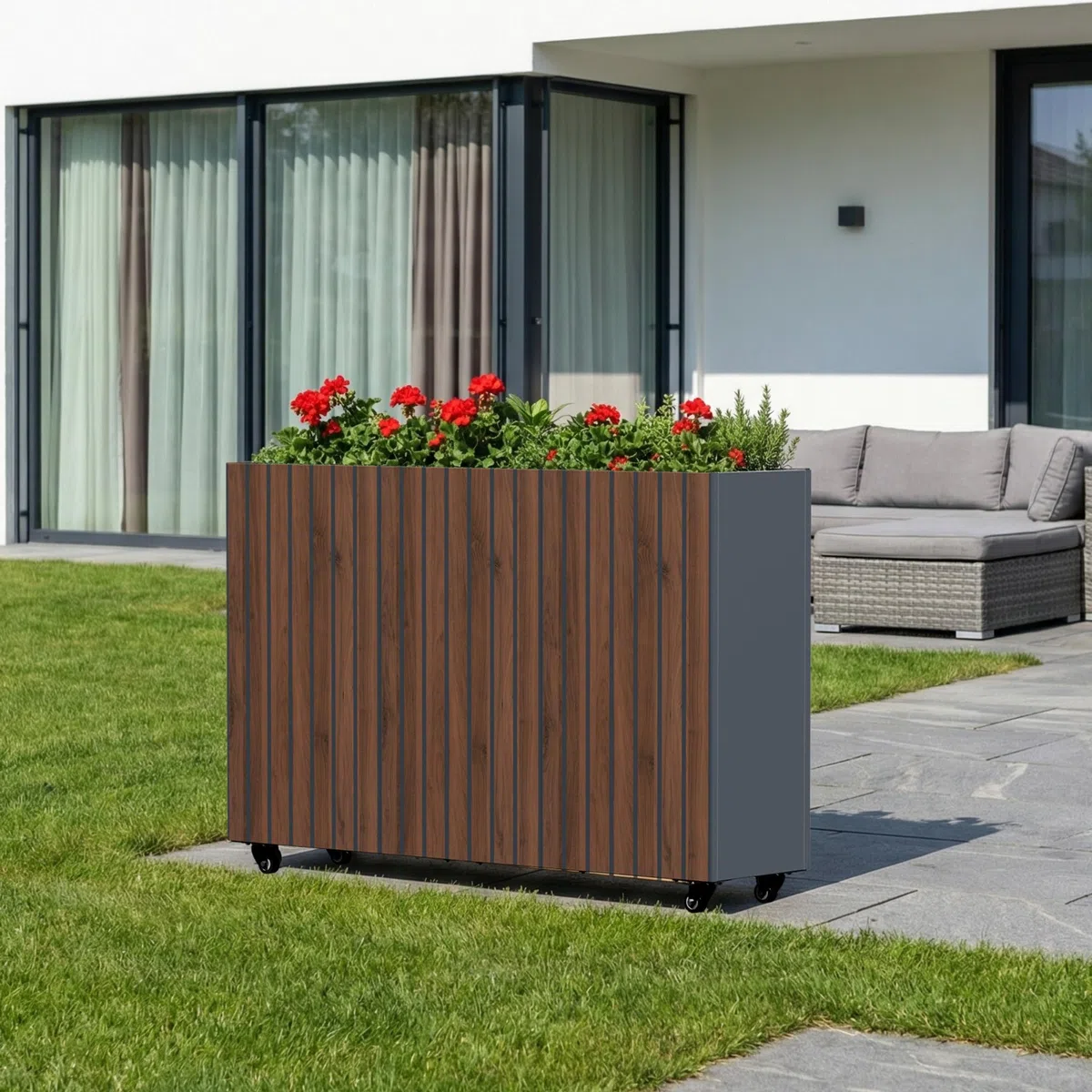Zelsius Jardinière surélevée en acier galvanisé avec roues 120 x 30 x 80 cm | Anthracite RAL 7016 Aspect bois de noyer | Bac à fleurs, jardinière, plate-bande, potager, bac à herbes, pot de fleurs