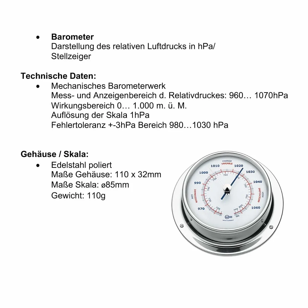 Barigo Sky Baromètre de bateau en acier inoxydable poli 110 mm