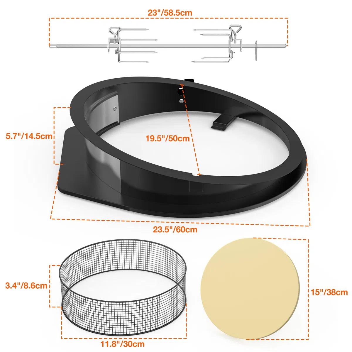 onlyfire Tourne Broche Barbecue Kit avec D'anneaux à Pizza pour Weber 57 cm Kettle Charcoal Grill, pour Rôtir du Poulet et Cuire des Pizzas, avec Moteur, Anneau à Charbon de Bois, Pierre à Pizza
