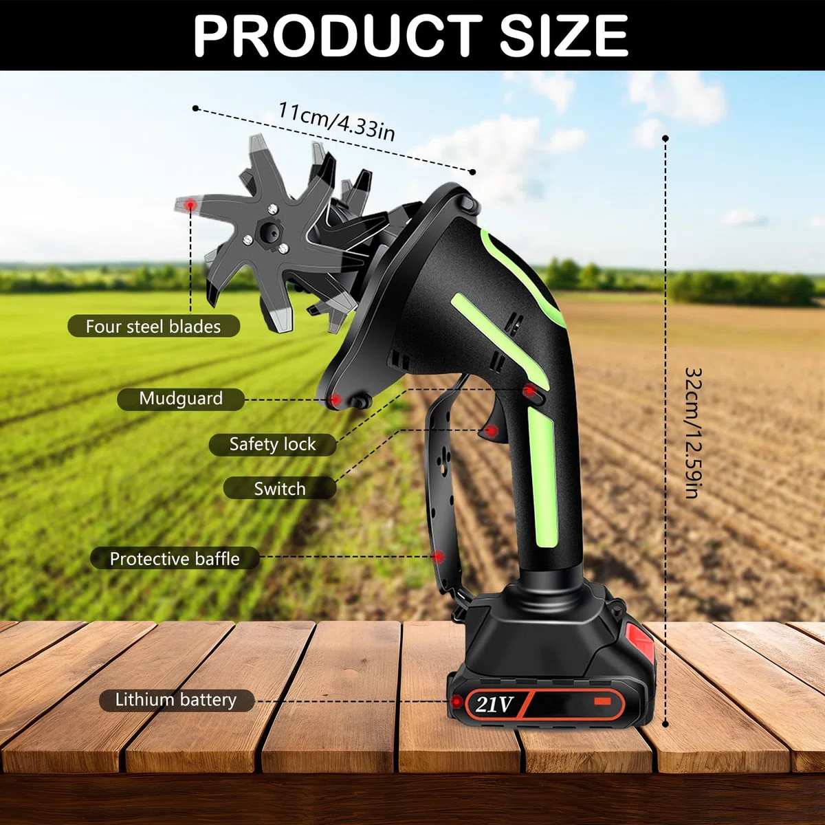 Motobineuse Electrique, 21V Motoculteur Électrique avec 2 Batteries 3000mAh Bineuse Électrique avec 4 Lames Métalliques Largeur de Travail de 10cm Profondeur de Travail de 10cm 235 TR/Min