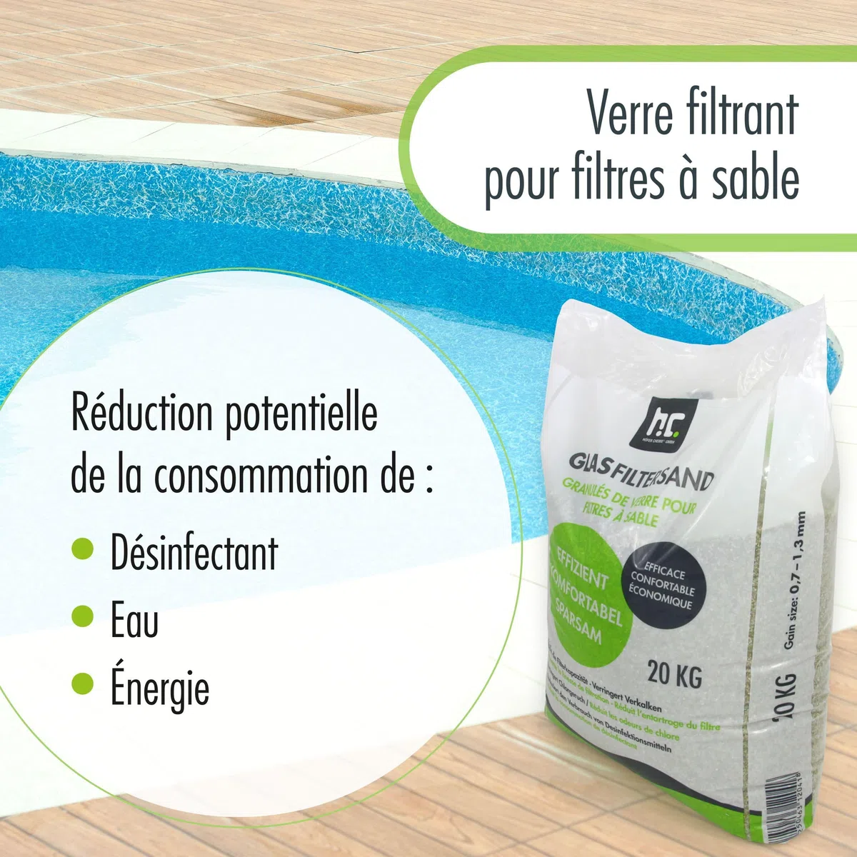 Höfer Chemie – 20 kg de Granulés de Verre Fin pour Filtre à Sable – Granulométrie 0,7-1,3 mm – Alternative Écologique au Sable de Quartz – Filtration Optimisée et Longue Durée