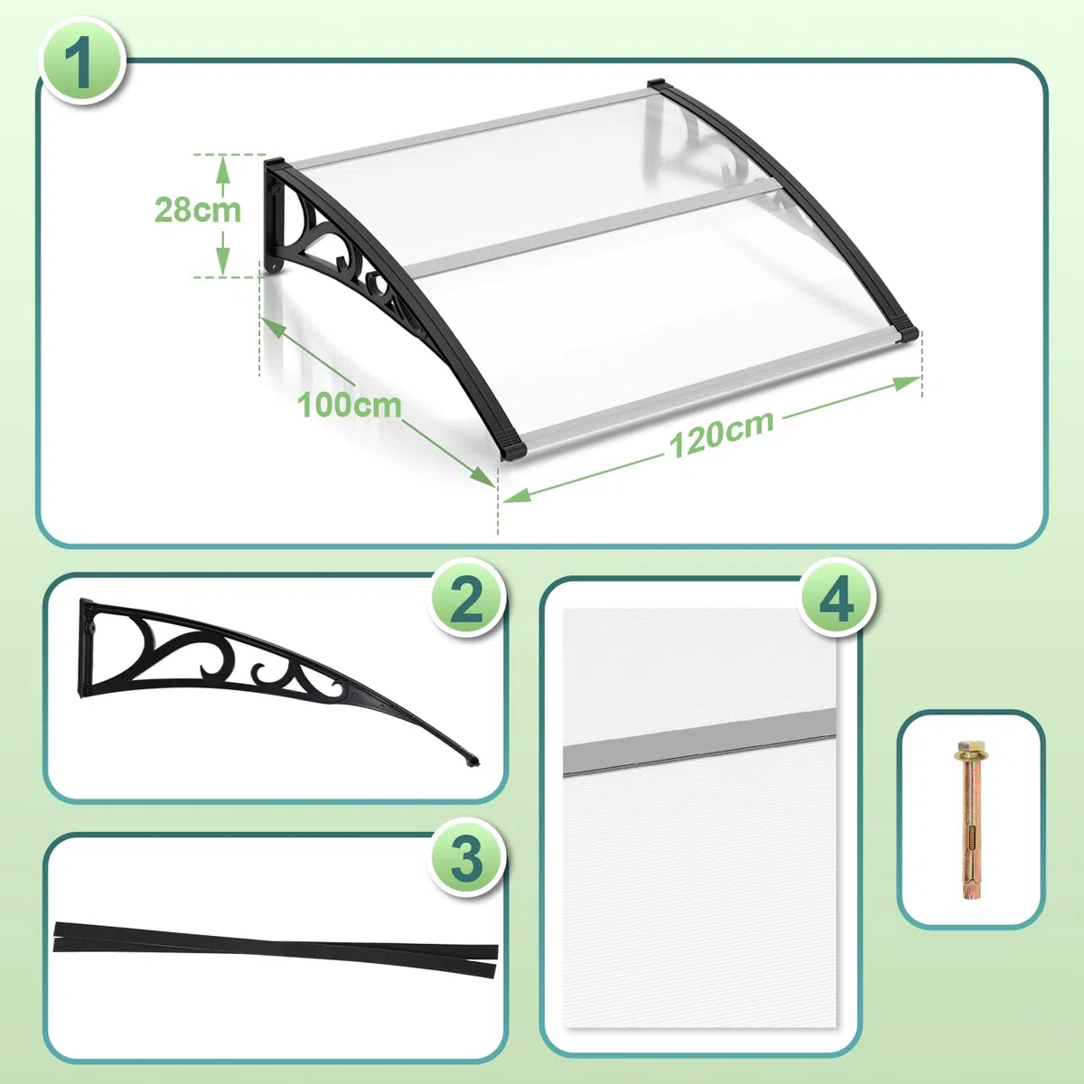 Gimisgu Auvent pour Porte d'entrée - 120 x 100 cm - en Polycarbonate Transparent - 5 mm - Support en polypropylène - Toit de Porte pour l'extérieur - Protection Contre la Pluie