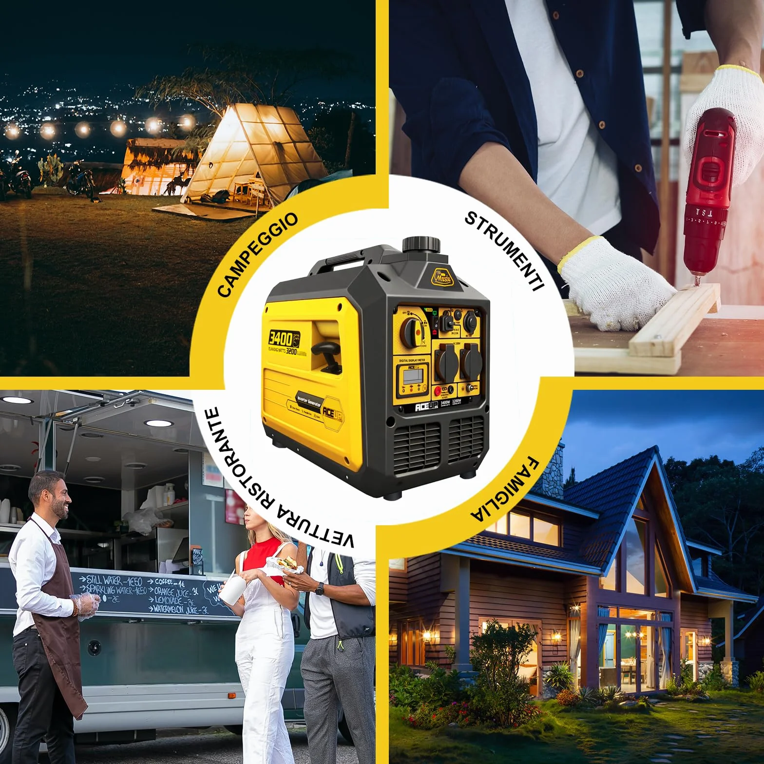 Aceup Energy 3400W Groupe Electrogene Inverter Générateur à Essence Silencieux avec prises 230V 12V 5V polyvalent pour la maison l'extérieur et l'urgence camping 4 Temps 23 kg