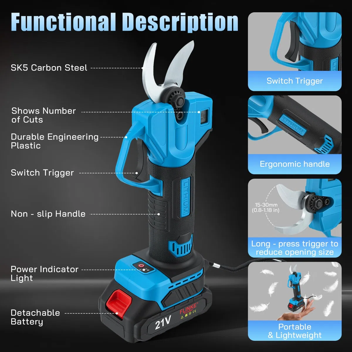 Sécateur Électrique Sans Fil avec 21V 2x2000mAh Batteries et écran LED, Portable Sécateur à Batterie pour Branches d'arbres de Jardin Verger, Lames SK7
