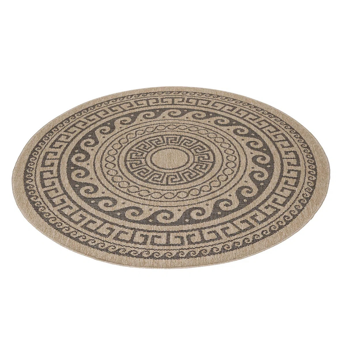 Teppium Tapis d'extérieur résistant aux intempéries, 120 cm, rond, aspect sisal naturel et jute – Tapis de cuisine lavable, antidérapant, imperméable, design greek, facile d'entretien – Idéal pour
