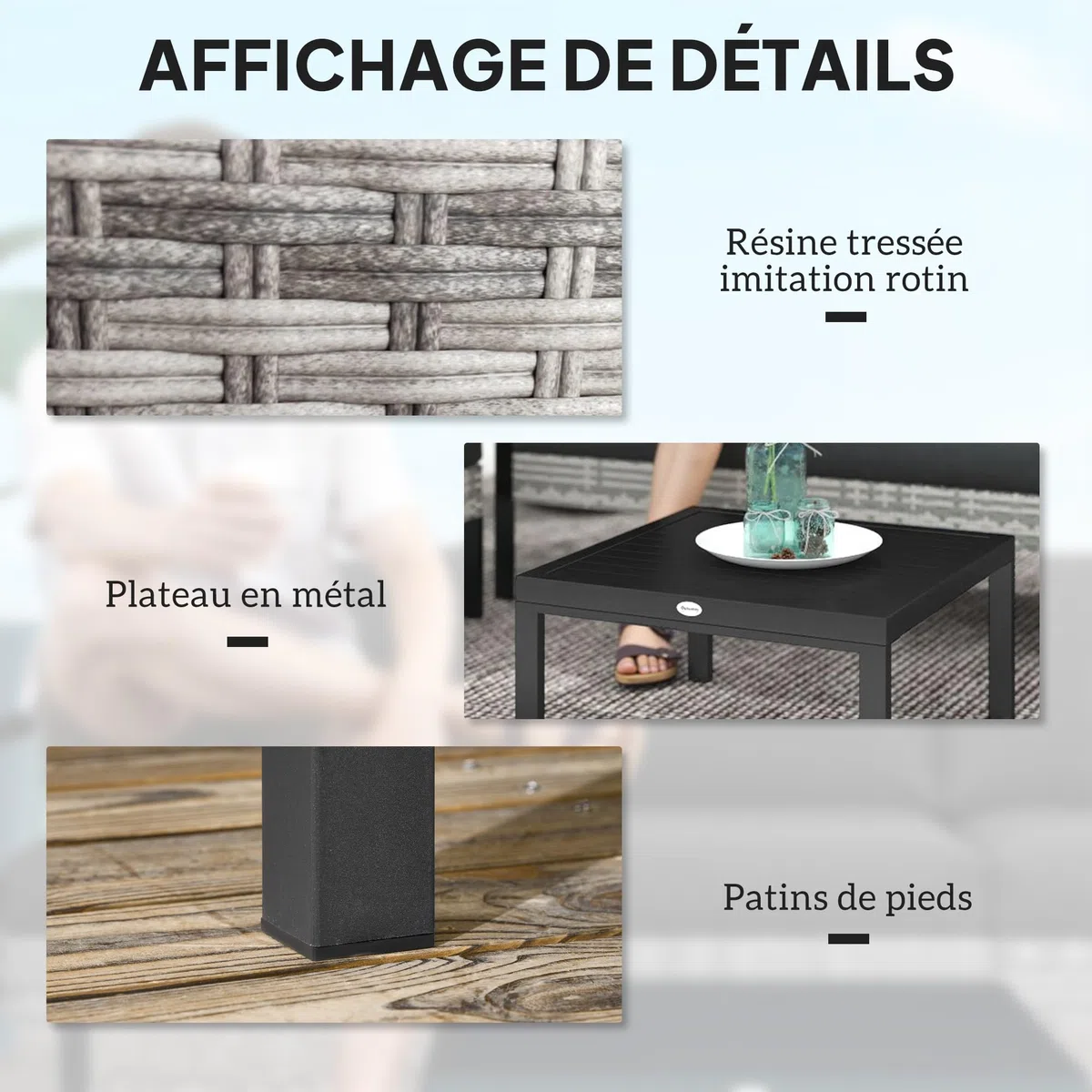 Outsunny Salon de Jardin Extérieur 5 Personnes Charge 120 kg Gris Clair | Salon de Balcon en Résine Tressée, Fauteuils, Pouf, Table Basse, Coussins Déhoussables Inclus
