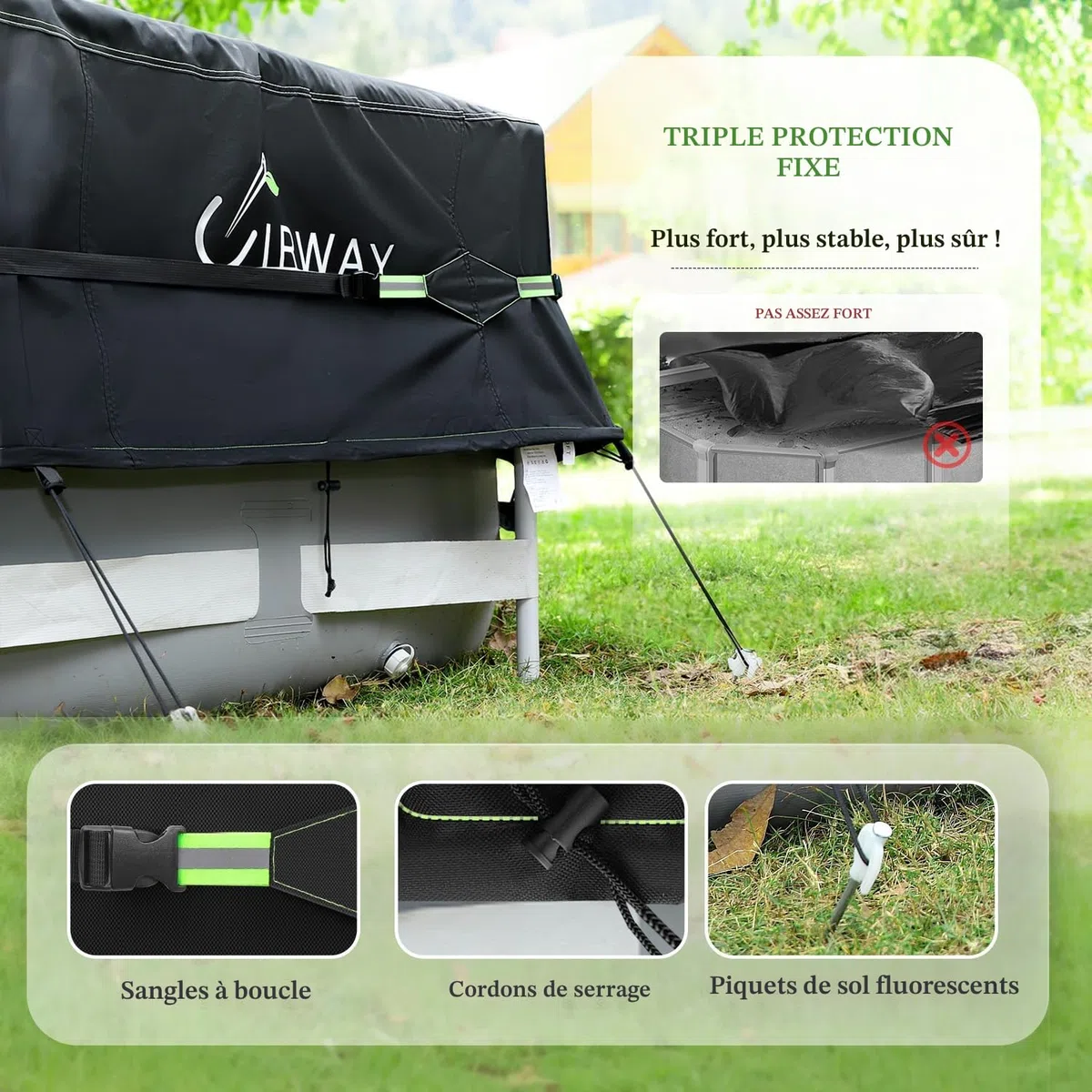 UIRWAY 640 cm Couverture de Piscine Ronde avec Bandes réfléchissantes, Couverture de Piscine pour piscines Hors Sol, Couverture Solaire incluant Une Corde d'attache et des Clous Lumineux au Sol