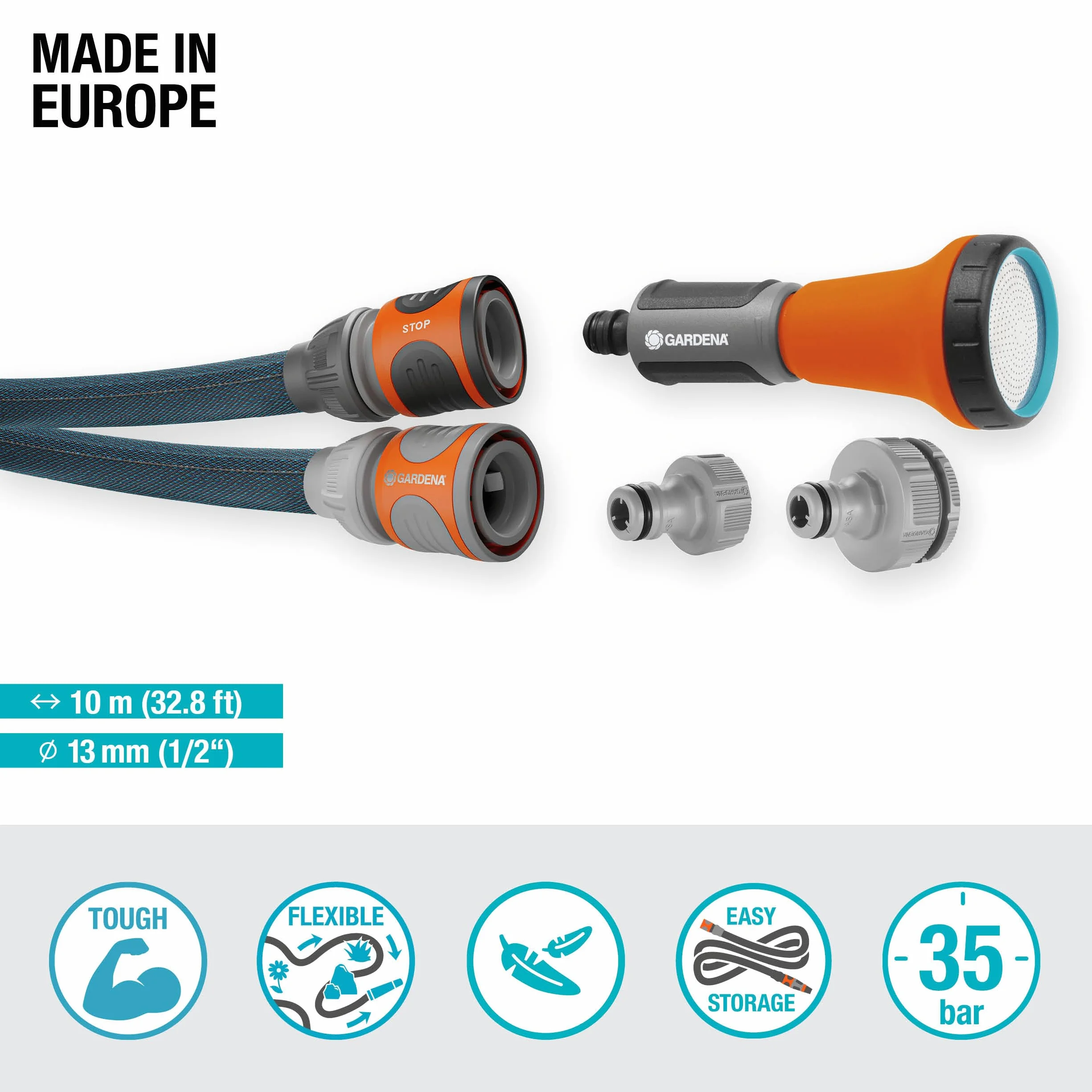 Gardena Liano Xtreme 1/2", kit de 10 m : tuyau d'arrosage extrêmement robuste en tissu textile, pour robinetterie intérieure, avec tuyau intérieur en PVC, léger, résistant aux intempéries (18460-20)