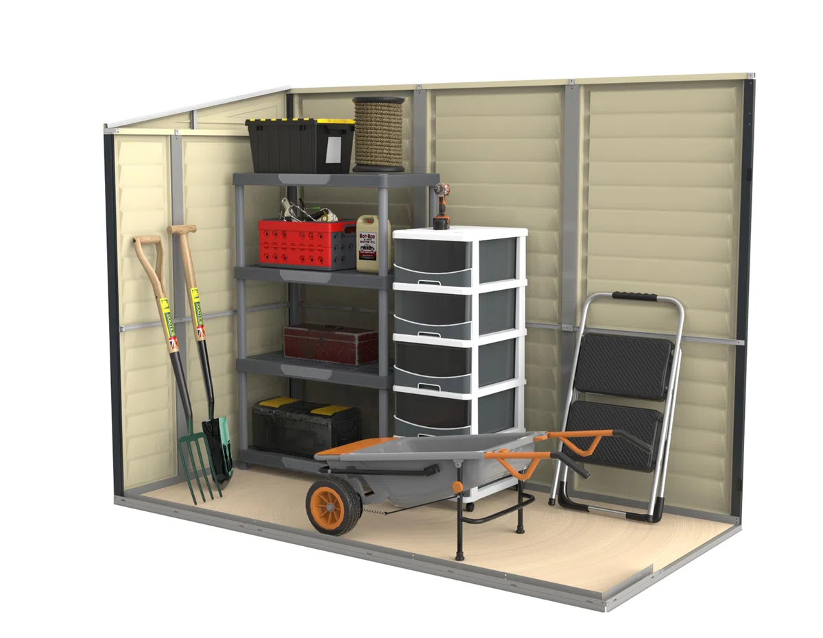 Duramax SideMate PLUS 4 x 8 (2.91 m²) abri de jardin en plastique avec kit de fondation en métal, porte réversible, structure de toit en métal robuste, abri en vinyle sans entretien, Gris foncé/ Adobe