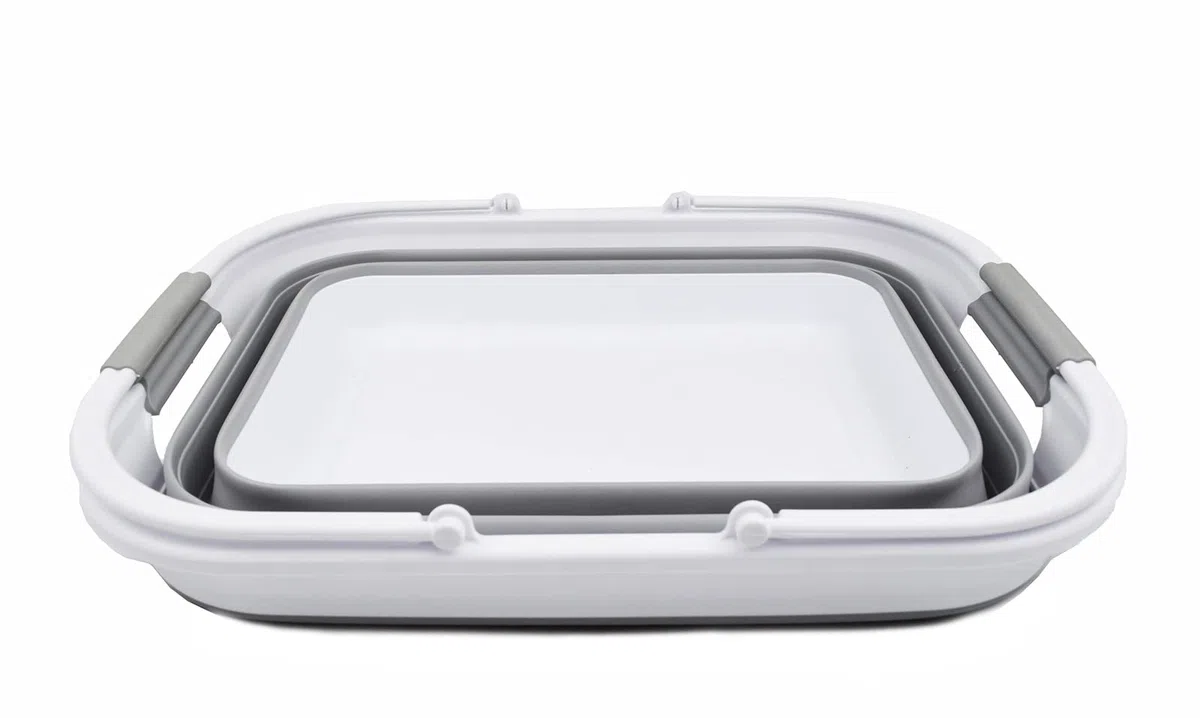 SAMMART Bassine pliable de 29 l avec poignée - Panier de pique-nique portable - Bac de rangement pour économiser de l'espace - Capacité d'eau de 24 l (1, blanc/gris)