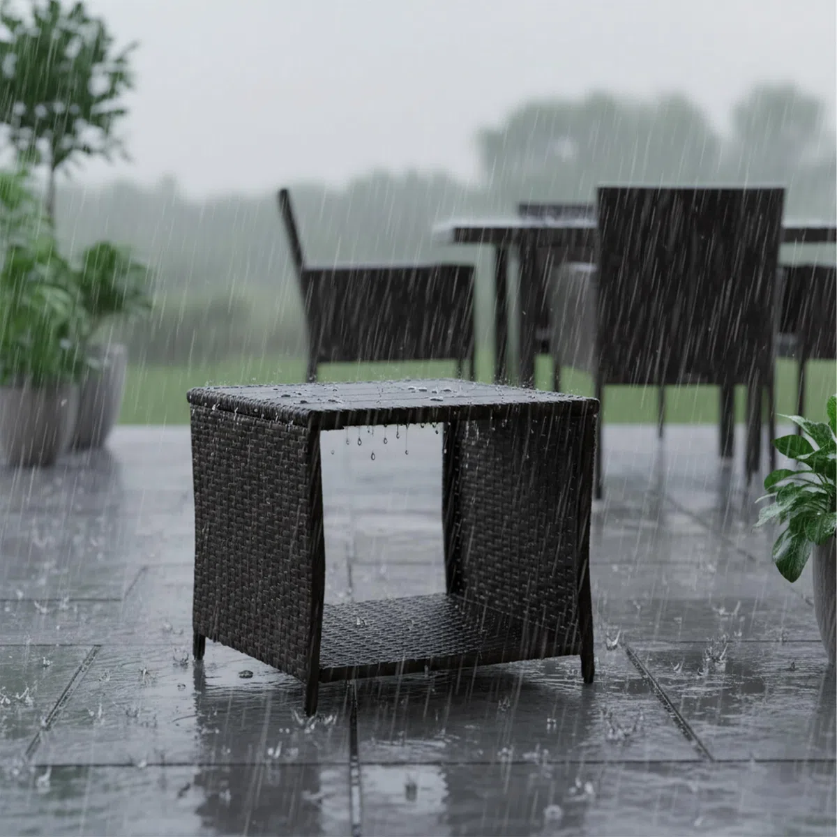 Relaxdays Table de Balcon carrée, H x L x P 40 x 45 x 45 cm, polyrotin/WPC/Acier, Marron, pour extérieur