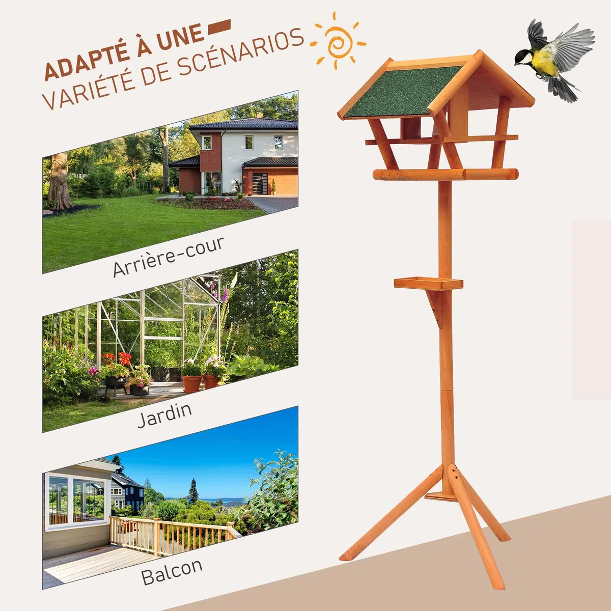HOMCOM Mangeoire pour Oiseaux Sauvages sur Pied Abris à Oiseaux nichoir a Plateau Station a Oiseaux Bois pour Exterieur 150cm