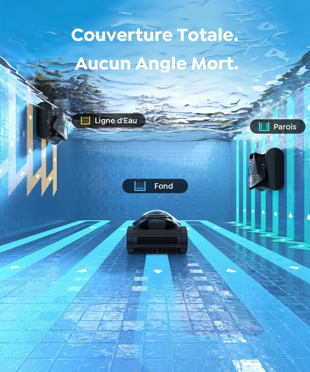 C1 Robot Piscine Fond et Parois (2026 Nouv) | Double filtration, 180 min, 7 modes, App, max 150 m², facile à sortir de l'eau, pour eau douce et salée