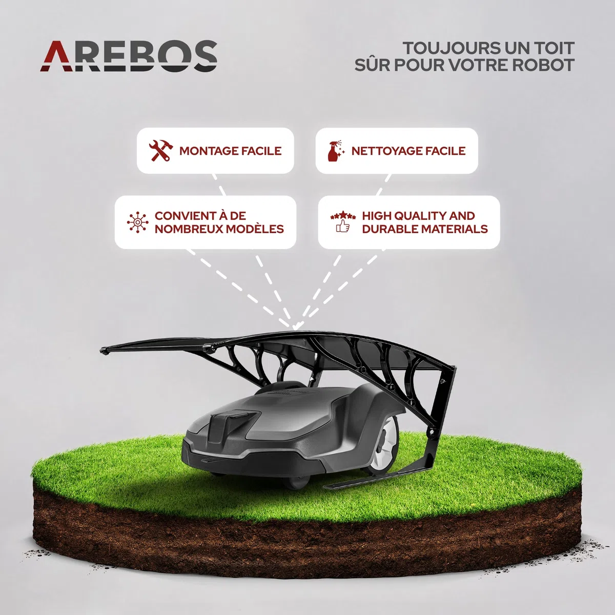 Arebos Garage de Tondeuse Robot | Abri pour Robot | Taille 102 x 79 x 46 cm | Résistant aux intempéries + Protection UV | avec Pieds en métal | matériel de Montage Inclus