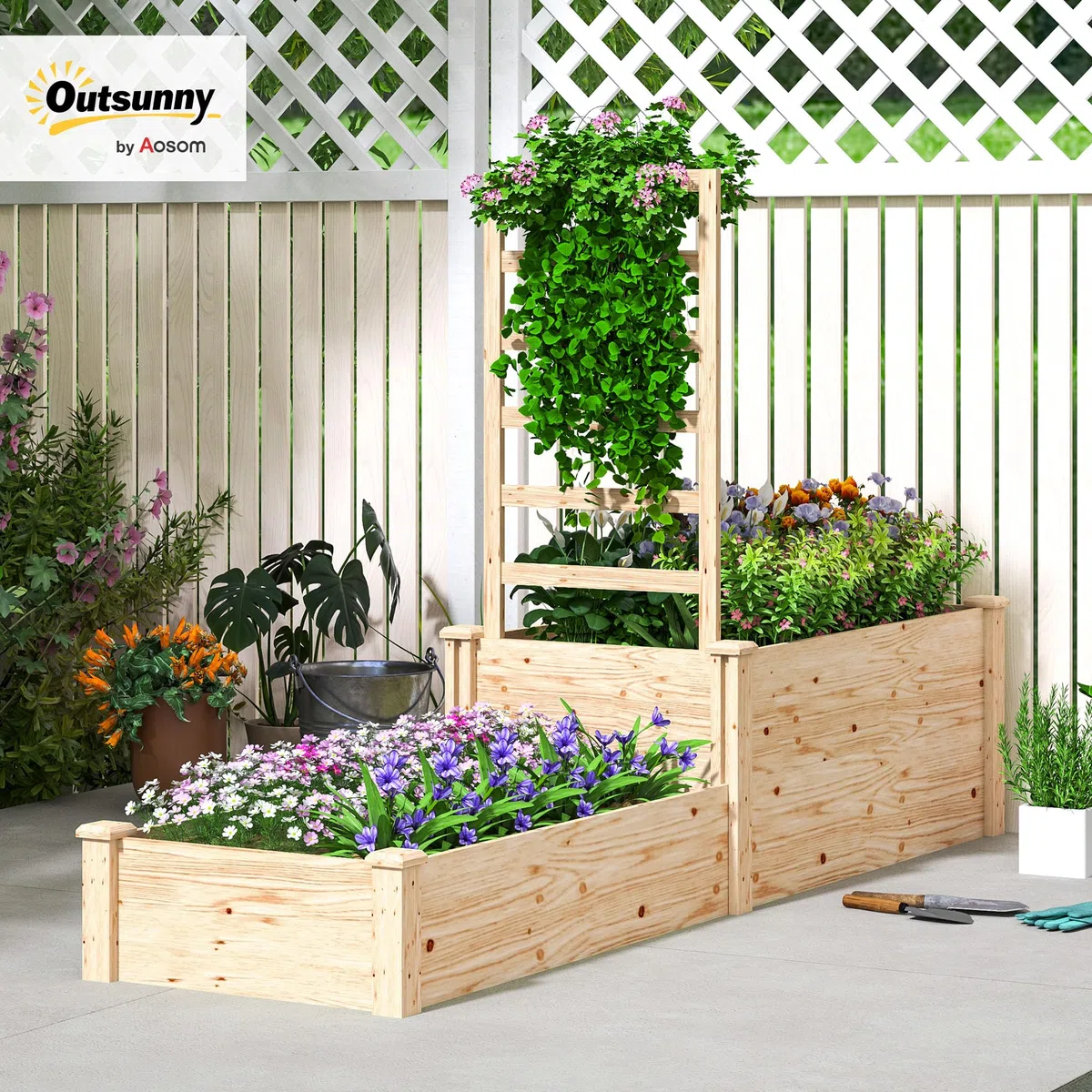 Outsunny Jardinière avec Treillis, lit surélevé de Jardin, jardinière extérieure à 2 bacs avec Fond Ouvert, bac à Fleurs en Bois pour Balcon terrasse Patio, 222 x 63 x 132 cm, Effet Bois Naturel