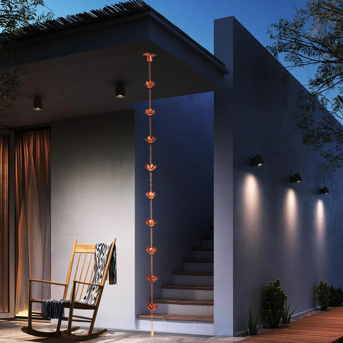 Rifachua 2,59 m Chaîne de Pluie pour Descentes de Pluviales Extérieures, Chaîne de Pluie en Cuivre avec Motif Lotus, Remplacement Fonctionnel et Décoratif pour Descentes de Pluviales