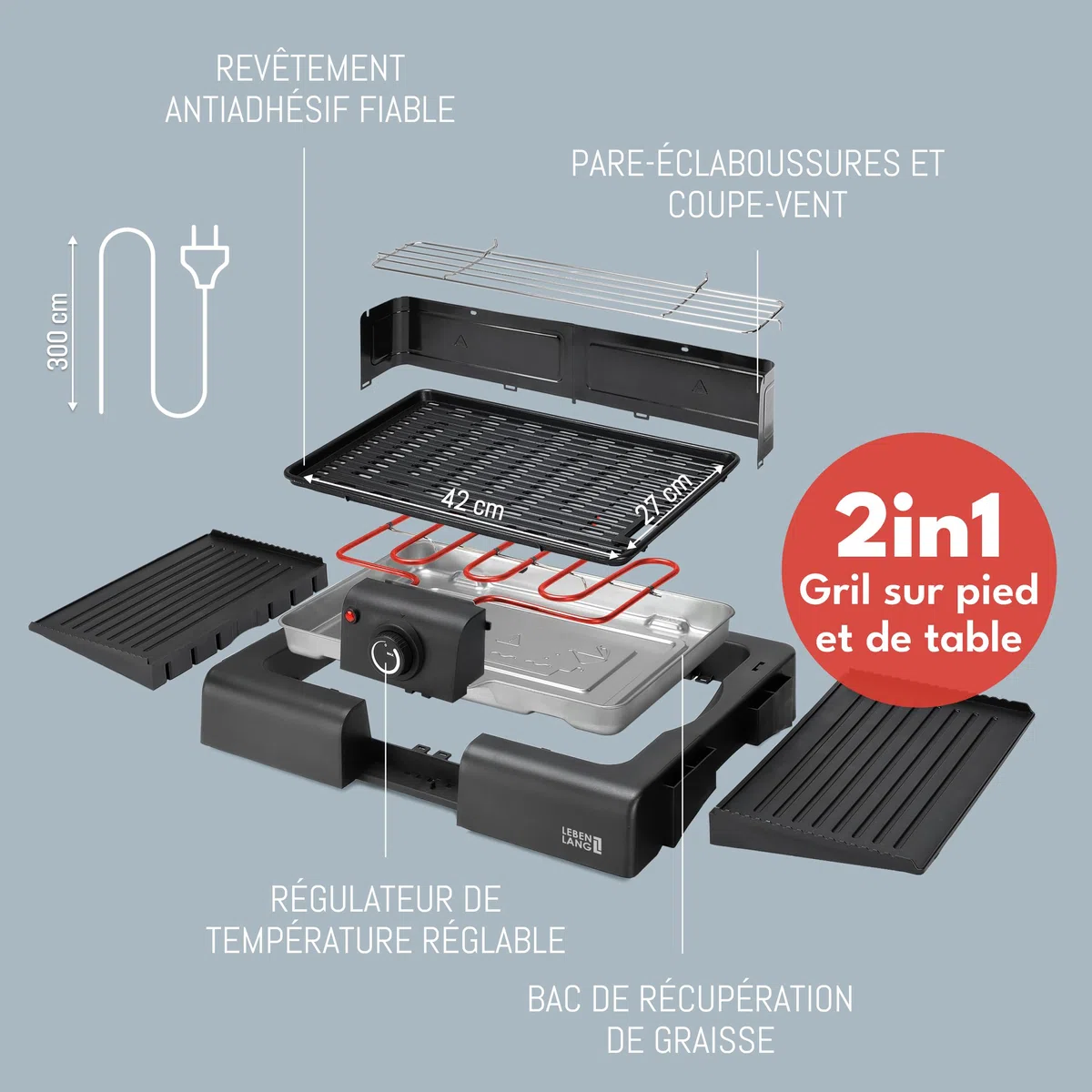LEBENLANG 2in1 Barbecue electrique sur pied - Pieds & Pince à griller inclus I Grille viande électrique I Plancha électrique xxl Barbecue électriques exterieur I Barbecues d'extérieur Grills BBQ