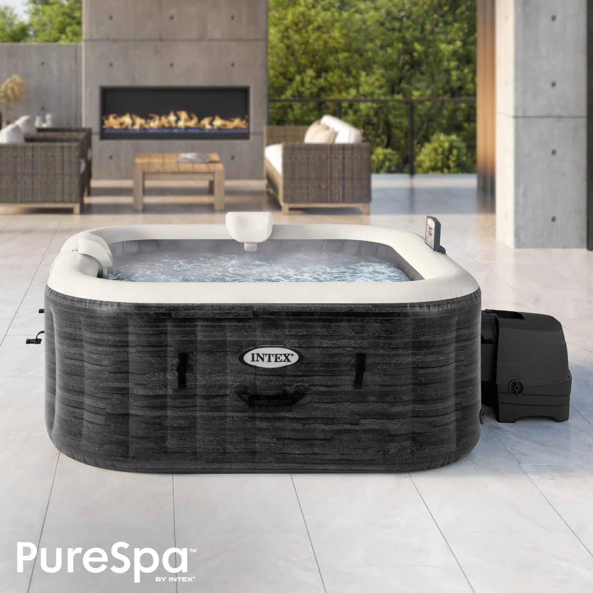 Intex Spa Gonflable carré Greystone Deluxe 4 Personnes, 175 x 175 x 71 cm, Chauffage 2 200 W, Bulles air Chaud, chlorateur salin, épurateur avec Filtre S2 (1 741 l/h), Accessoires Inclus (55093)