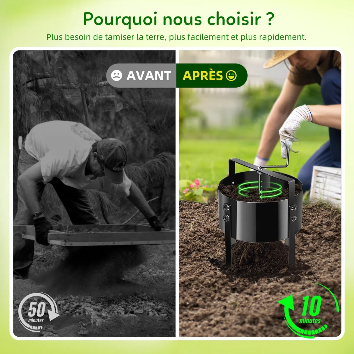 Tamis Rotatif Manuel amélioré pour Jardin, Tamis à Compost, Filtre à Mailles de 13 Pouces avec 4 Tamis interchangeables (3/6/9/12 mm), Tamis horticole, Tamis horticole Rotatif Moderne