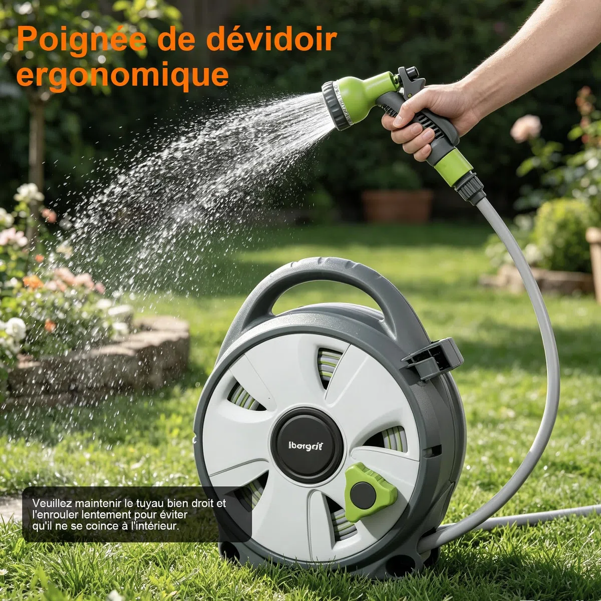 Ibegrif M22220 Enrouleur de tuyau d'arrosage 10m Avec Pistolet d'arrosage à 8 Fonctions, Portable et Facile à Ranger, Gris/Vert