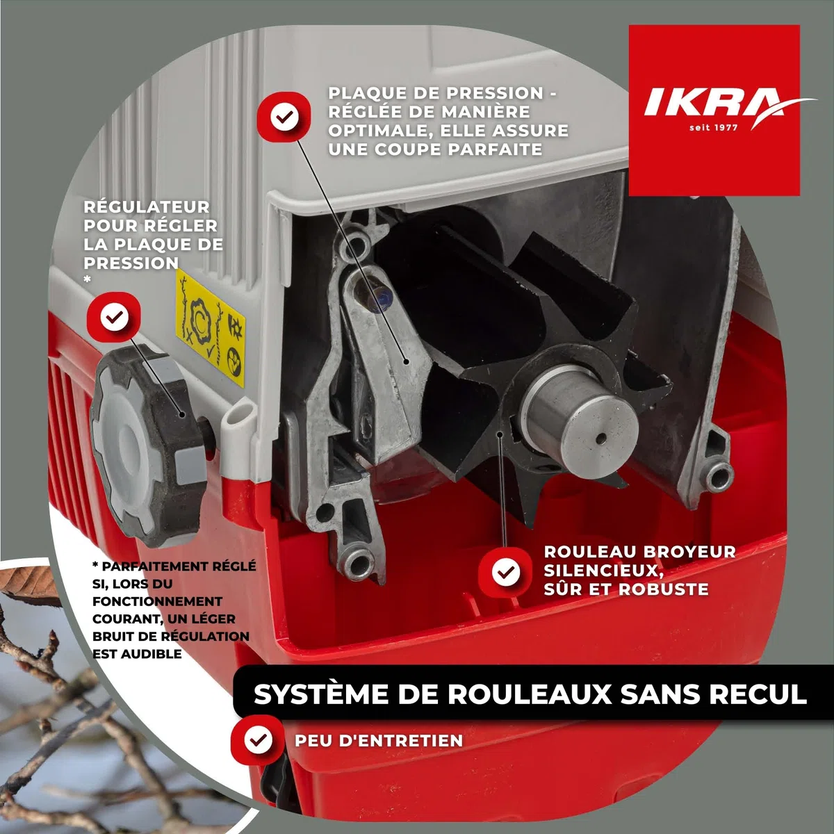 IKRA broyeur électrique à rouleaux ILH 3000S, diamètre des branches 44 mm | Silencieux, robuste, nécessitant peu d'entretien, puissant 3000 watts, alimentation automatique des branches