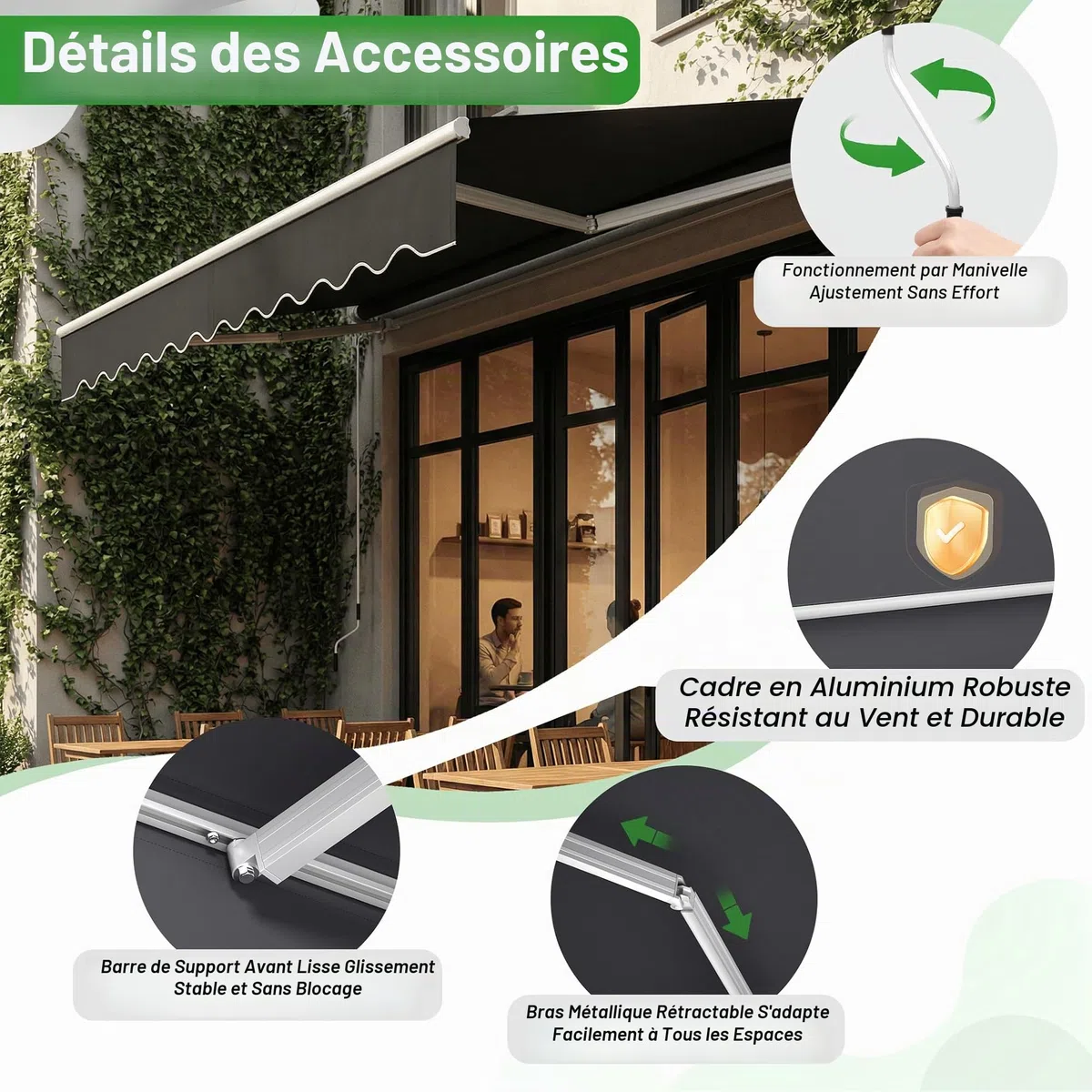 UISEBRT Store de balcon - 300 cm de large - En aluminium - Protection solaire - Avec manivelle - Étanche - Gris foncé (360 x 300 cm)